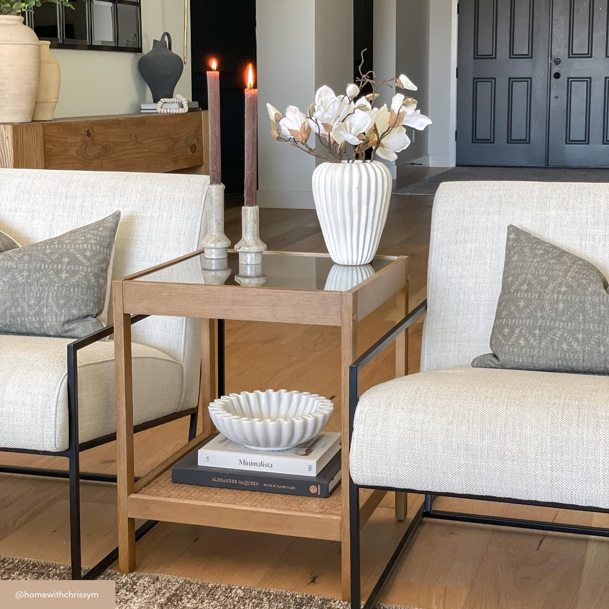 Glass Top End Table with Rattan Shelf