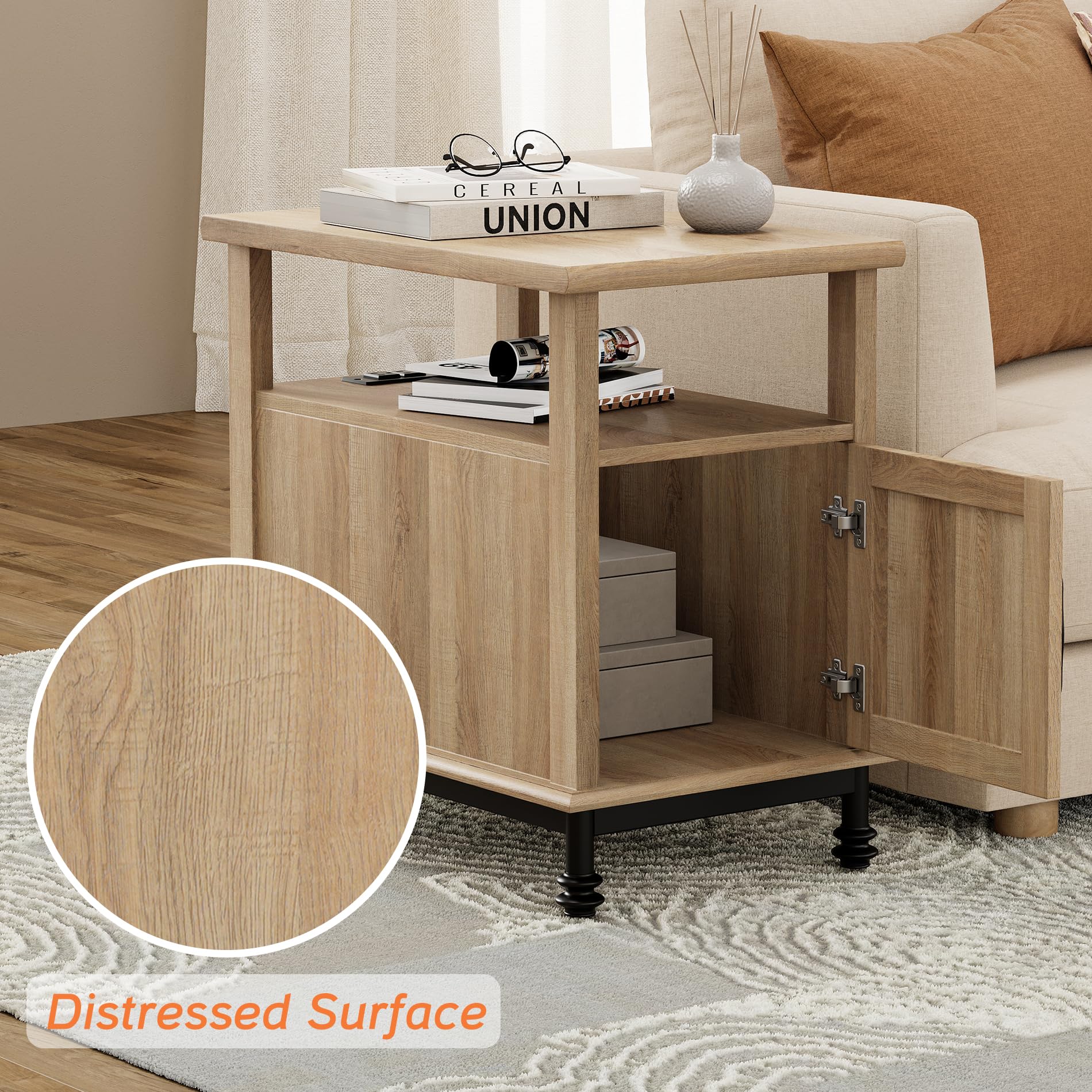 WAMPAT Set of 2 End Tables with Charging Station, Sofa Side Tables with Storage Cabinet for Living Room, Light Wood Bedside Table with Metal Leg, Nightstand for Bedroom, Oak