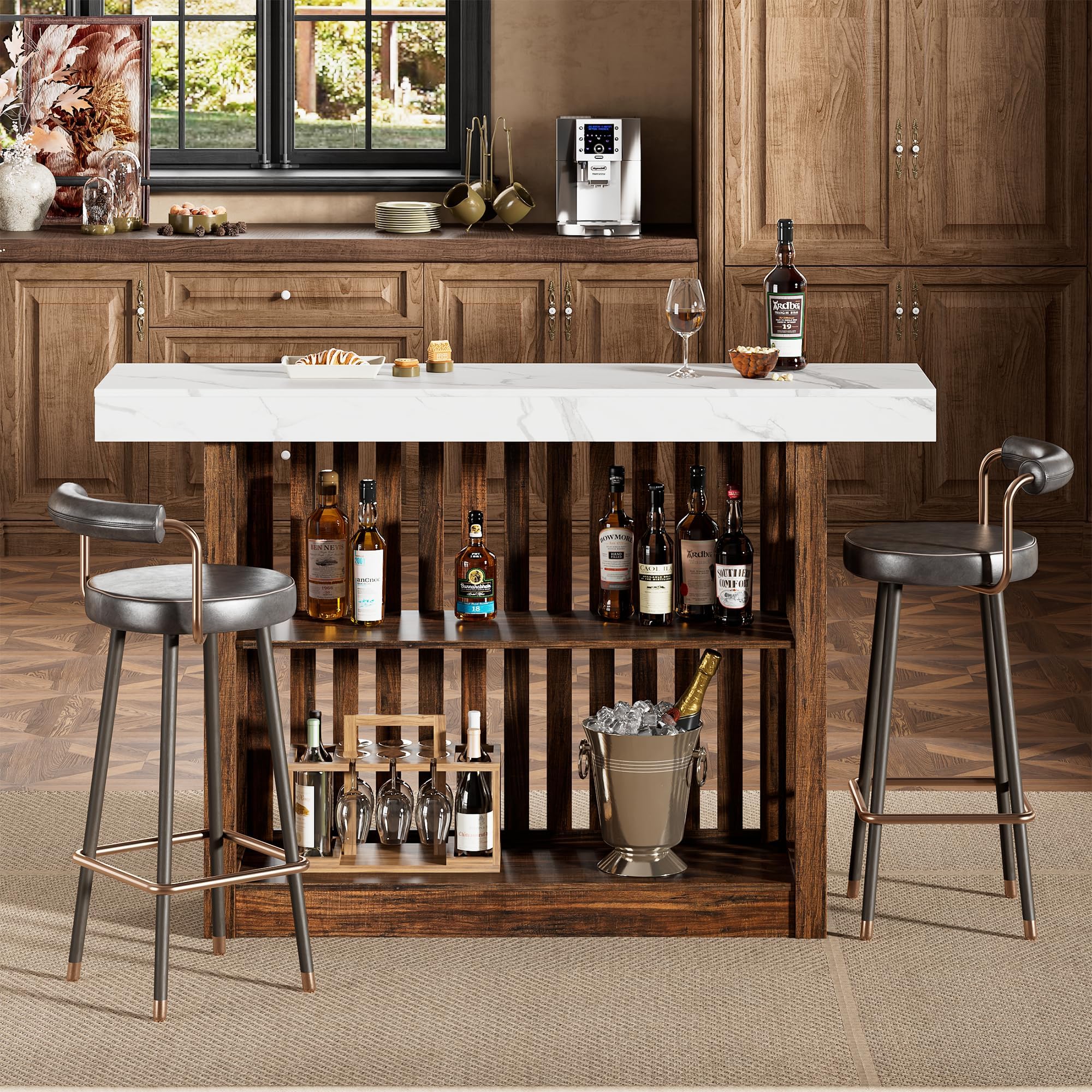 GarveeHome 63" Long Bar Table - Counter Bar Height Pub Table with 2 Tier Storage Shelves, Modern Coffee Breakfast Bar Unit for Dining Room, Bistro, Living Room, White + Walnut