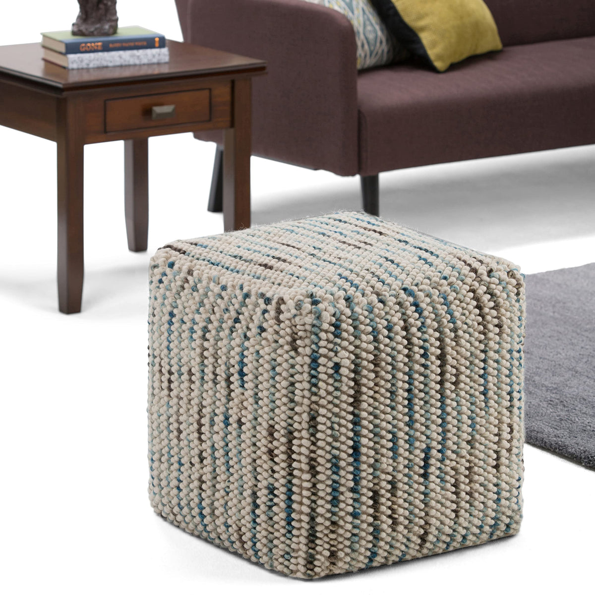 SIMPLIHOME Zoey 18" Wide Cube Pouf in Multi-Beige Wool and Cotton