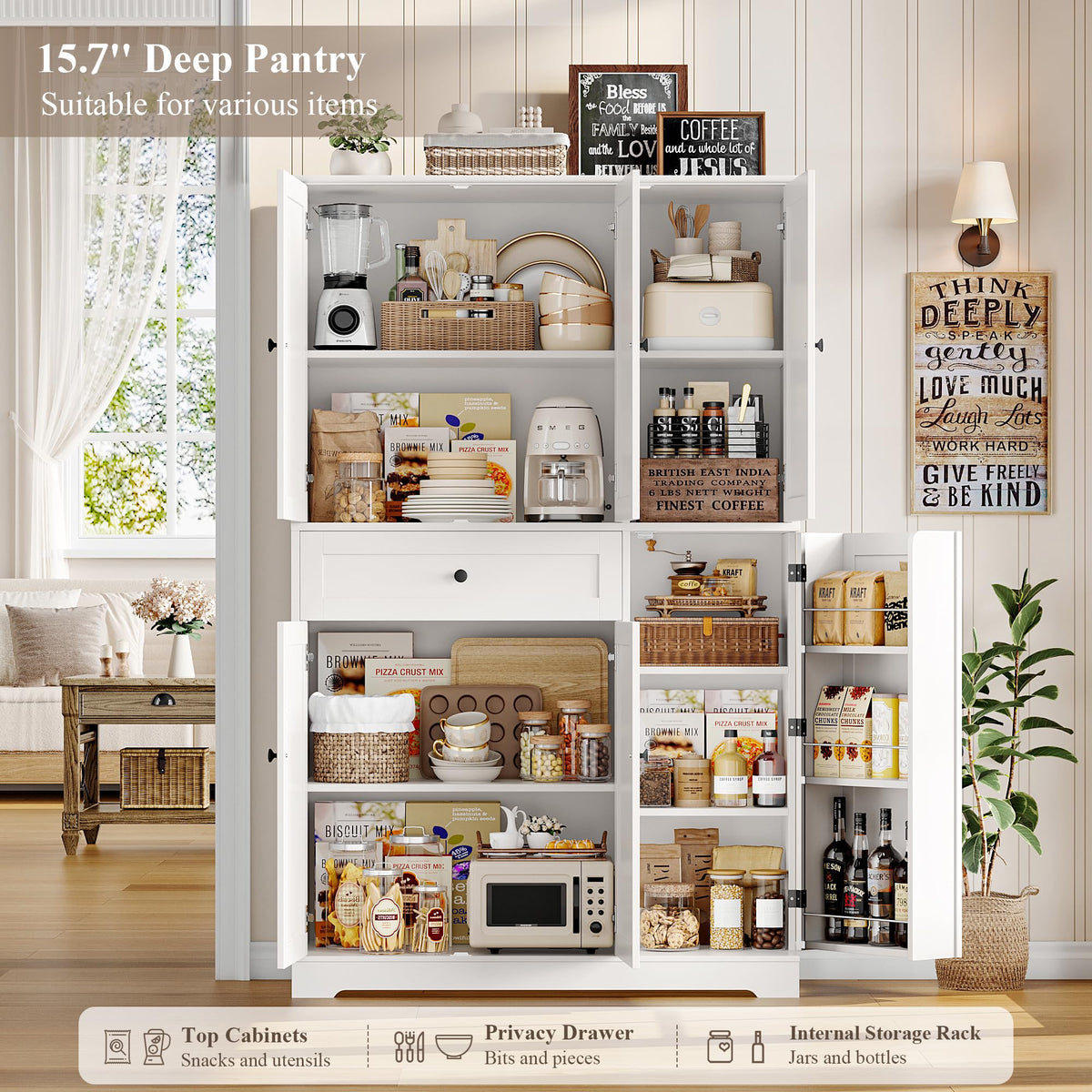 HOSTACK 68" Tall Kitchen Pantry Storage Cabinet with Doors & Shelves, White