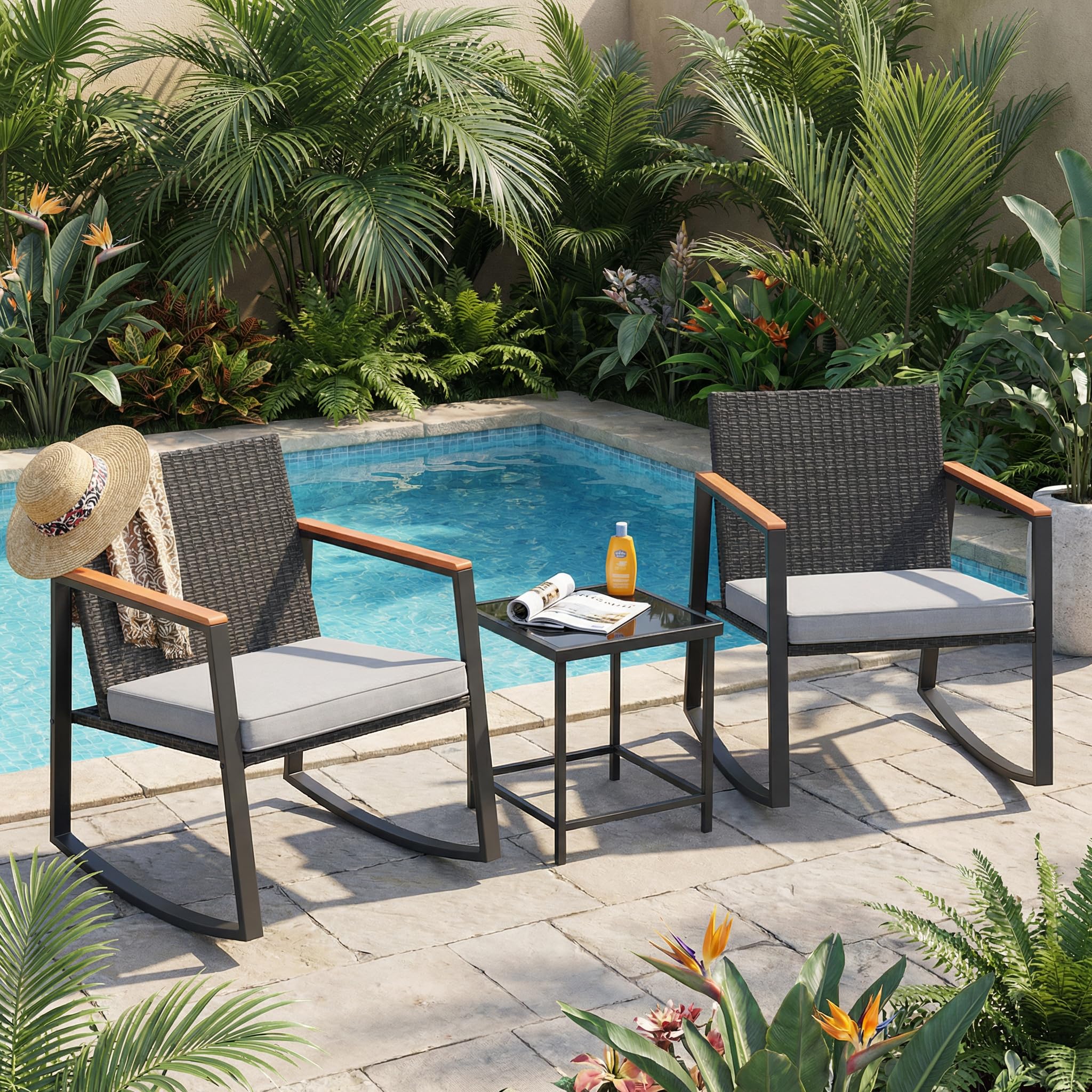 Gizoon 3 Pieces Rocking Patio Bistro Set with Anti-Scald Armrest, Outdoor Patio Wicker Furniture Set with Glass Table and Cushion for Garden, Yard, Porch