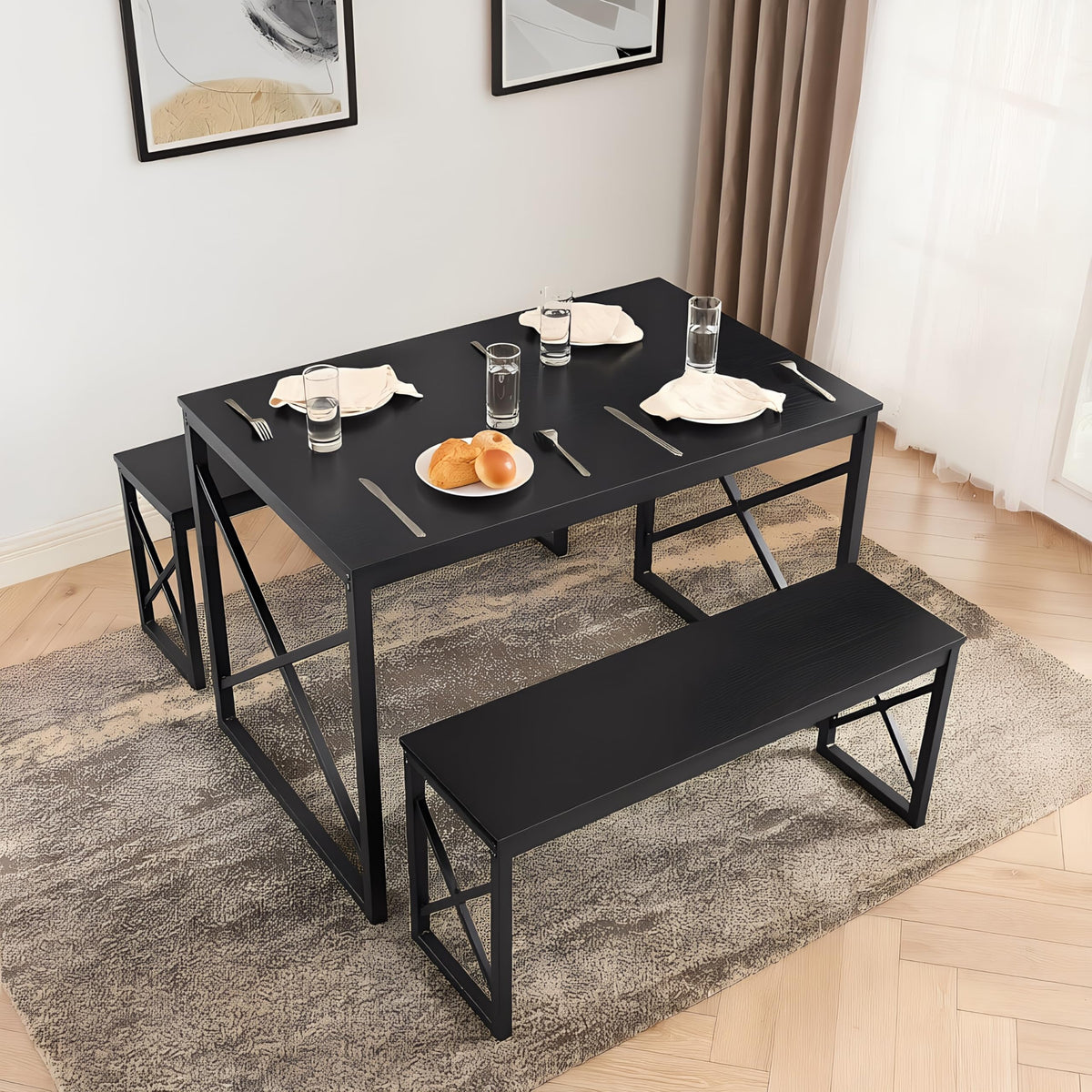 VECELO 43.3" Kitchen Dining Table Set for 4, Heavy-Duty Steel Frame & Wood-Grain Tabletop, Space-Saving Dinette Sets with 2 Benches for Breakfast Nook and Small Space, Matte Black