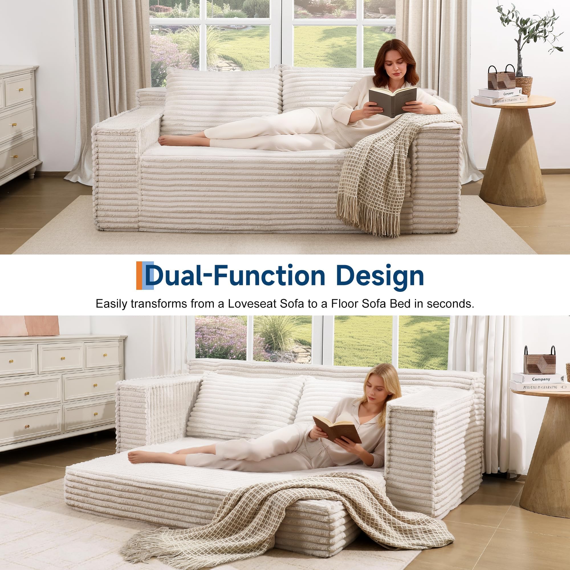 IDEALHOUSE 75 Inch Convertible Sofa Bed, Boneless Sleeper Sofa, 2 in 1 Folding Couch Bed with 2 Pillows, Pull Out Couch Bed, Loveseat Sofa for Living Room Bedroom, No Assembly, Beige