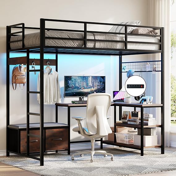 Twin Loft Bed with L-Shaped Desk & LED Lights