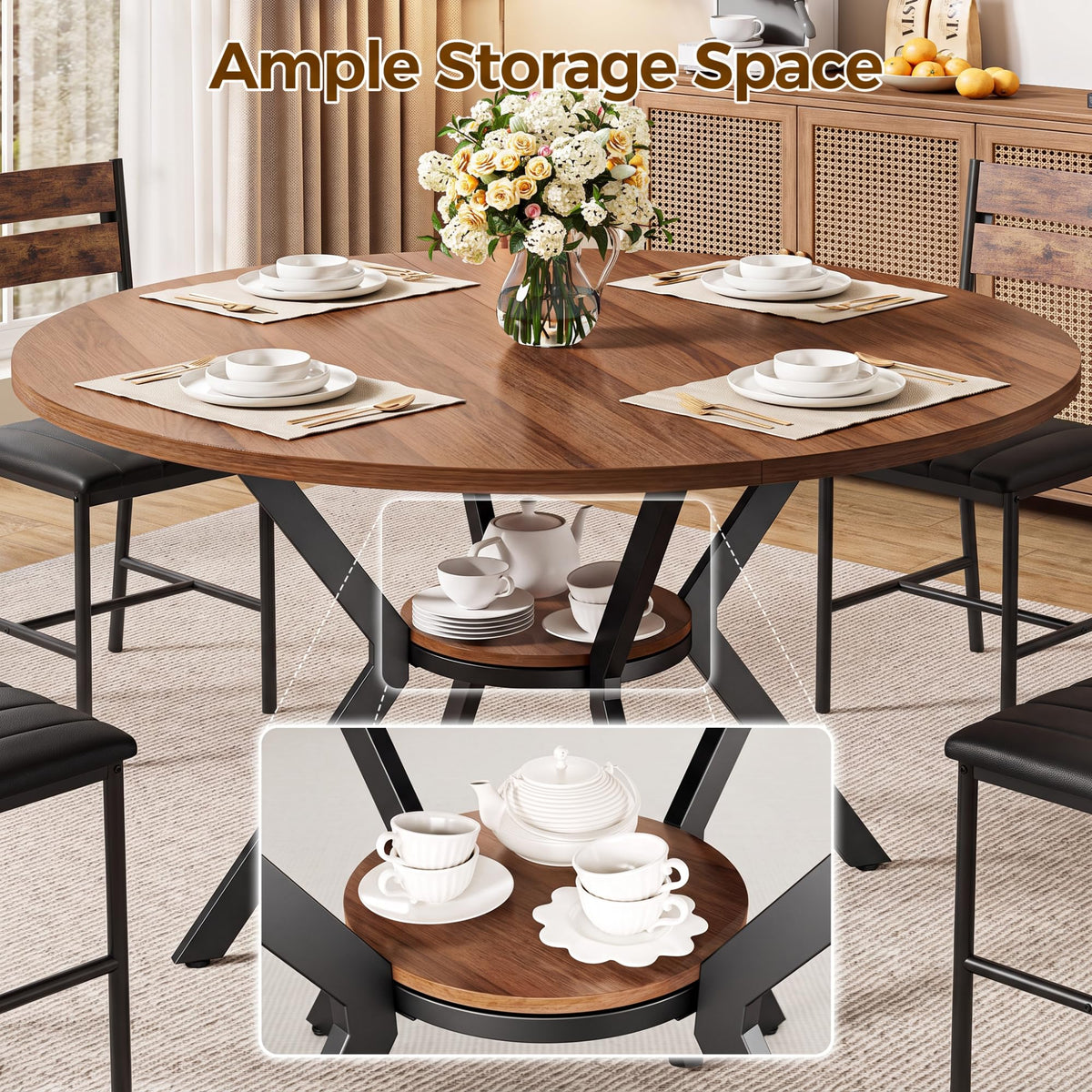 IRONCK Round Dining Table Set for 4, Kitchen Table Set, Walnut