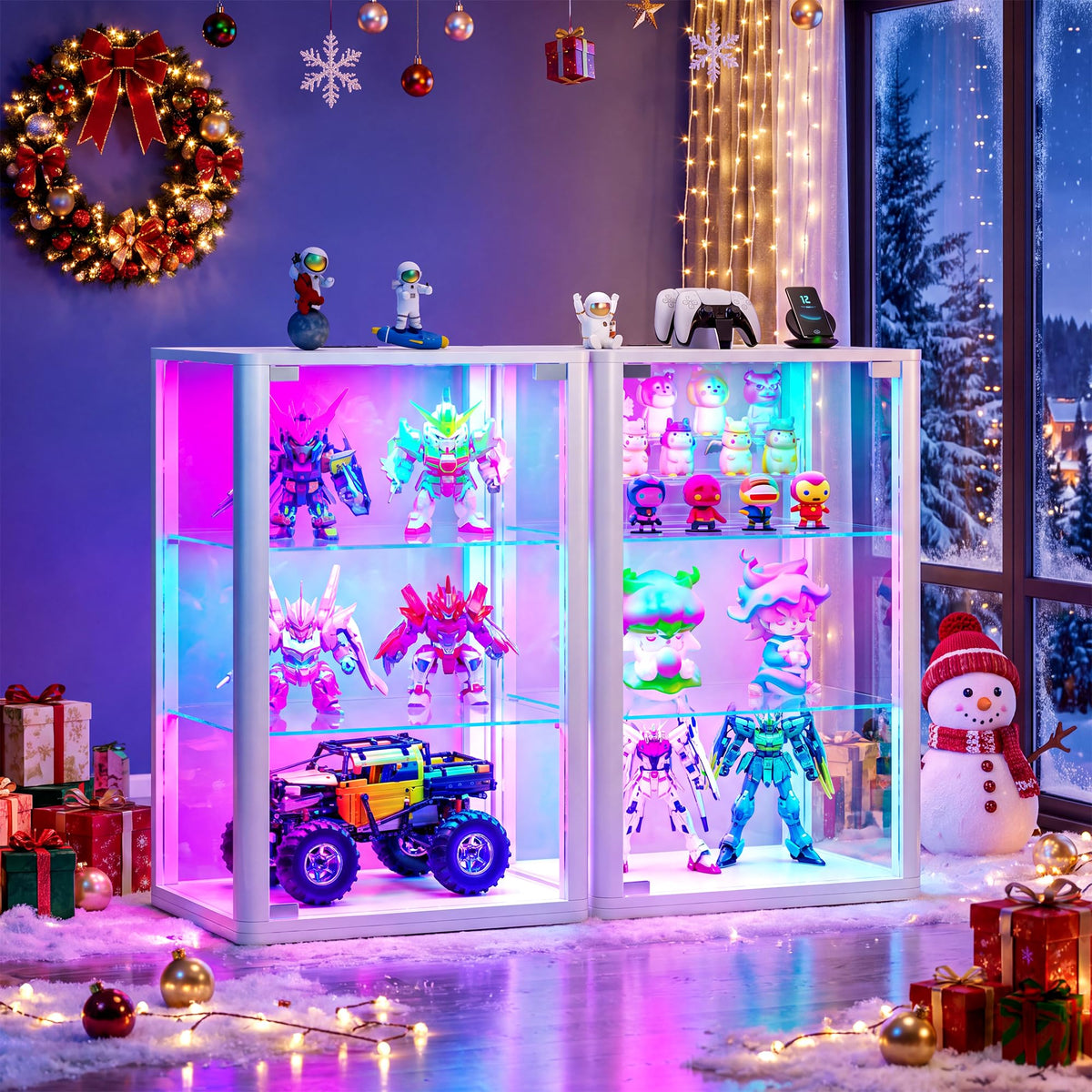 HNEBC 2 Pack 360 Glass Display Cabinet, Glass Doors, RGB LED Lights, White