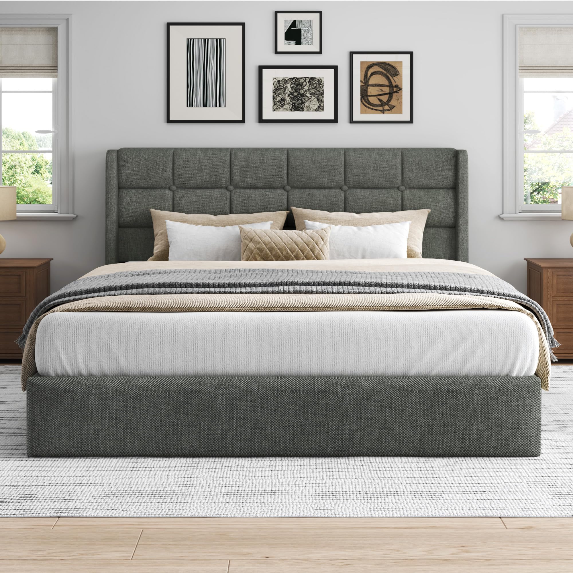 Lifezone Queen Size Lift Up Storage Bed Frame, Linen Upholstered Queen Platform with Button Tufted Wingback Headboard and Under-Bed Storage, Hydraulic Support, No Box Spring Needed, Noise Free, Grey