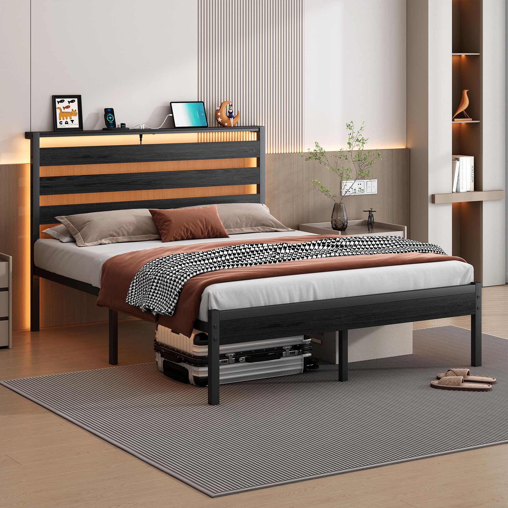 Metal Platform Bed Frame with Headboard, LED Lights & USB Charging