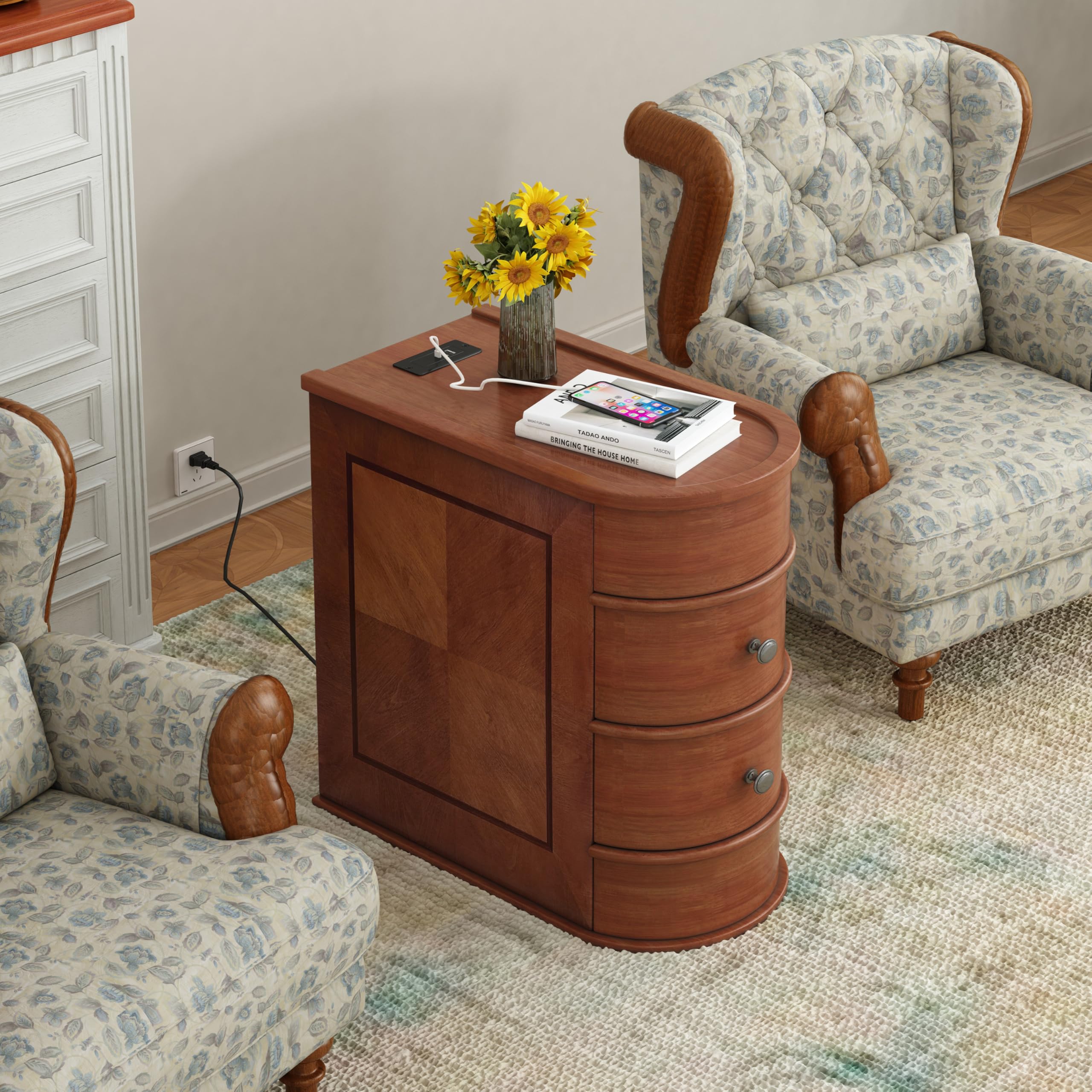 FAVSH Narrow End Table with Charging Station, Vintage Slim Sofa Side Table & Nightstand with 2 Drawers, Compact Wood Storage for Living Room Bedroom Small Spaces, Fully Assembled, Brown