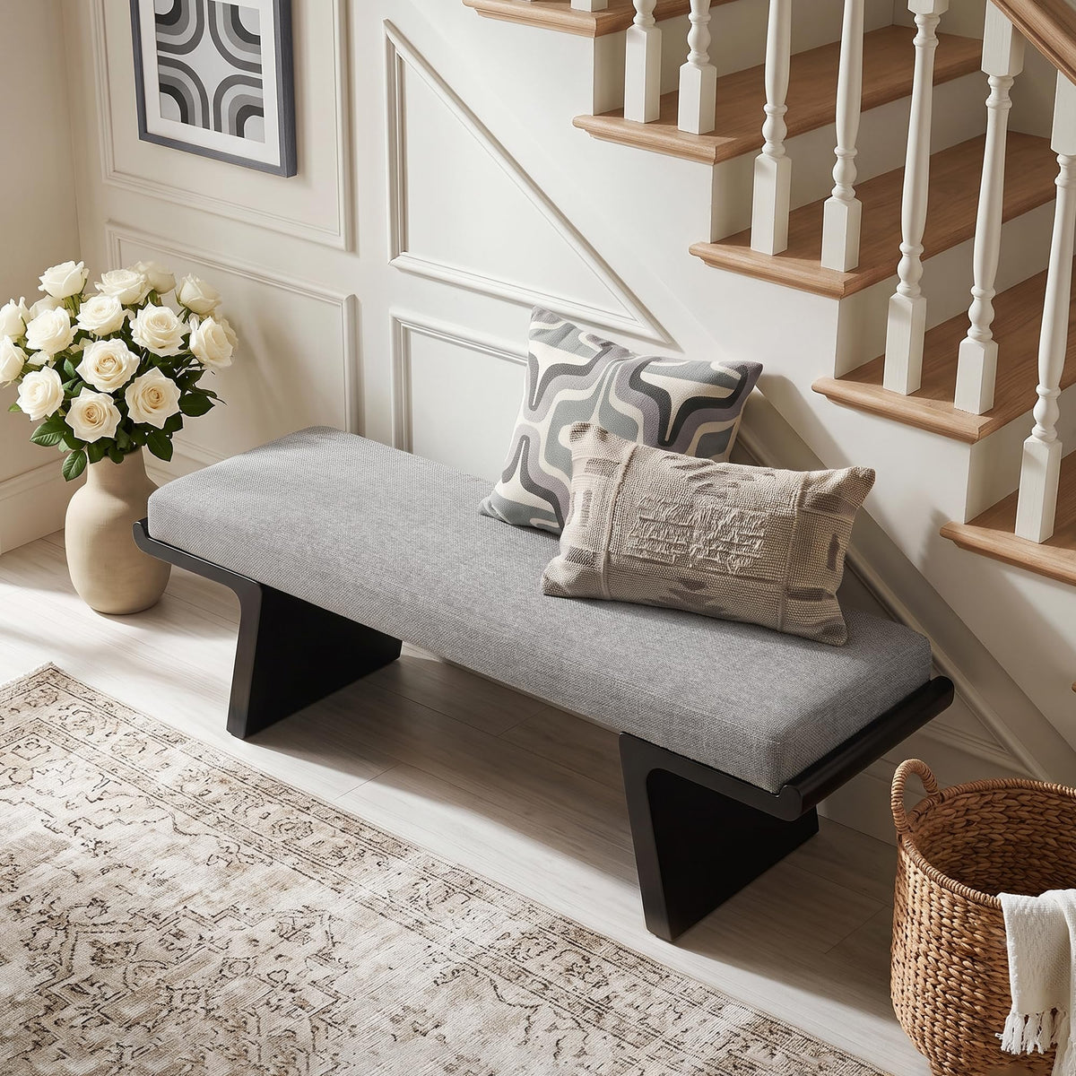 Linen Upholstered Wood Bench