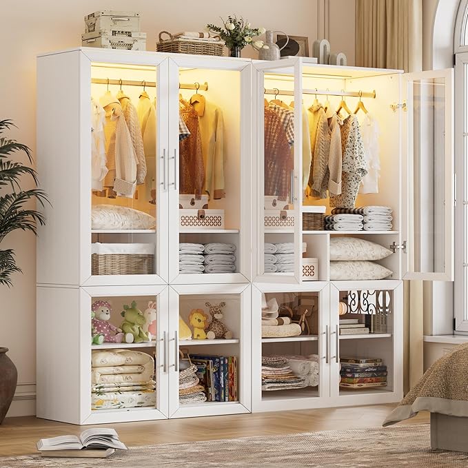 Armoire Wardrobe Closet with LED Light, Drawers & Hanging Rod