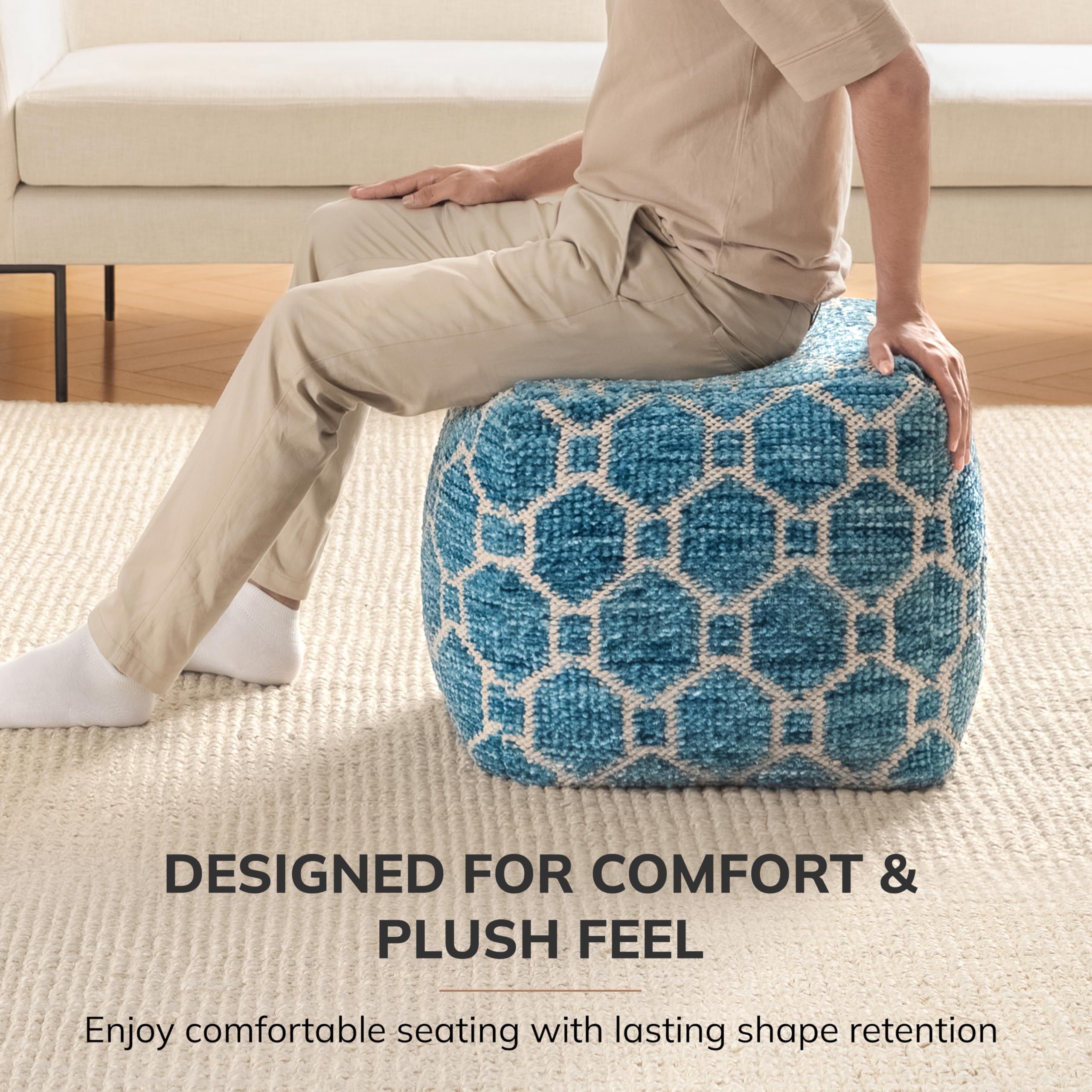 Anji Mountain Pouf Ottoman Foot Rest, Handmade Ottoman Pouf, Comfortable Foot Stool, Decorative Floor Seating for Living Room Decor, Bedroom & Home Décor Accent - Blue