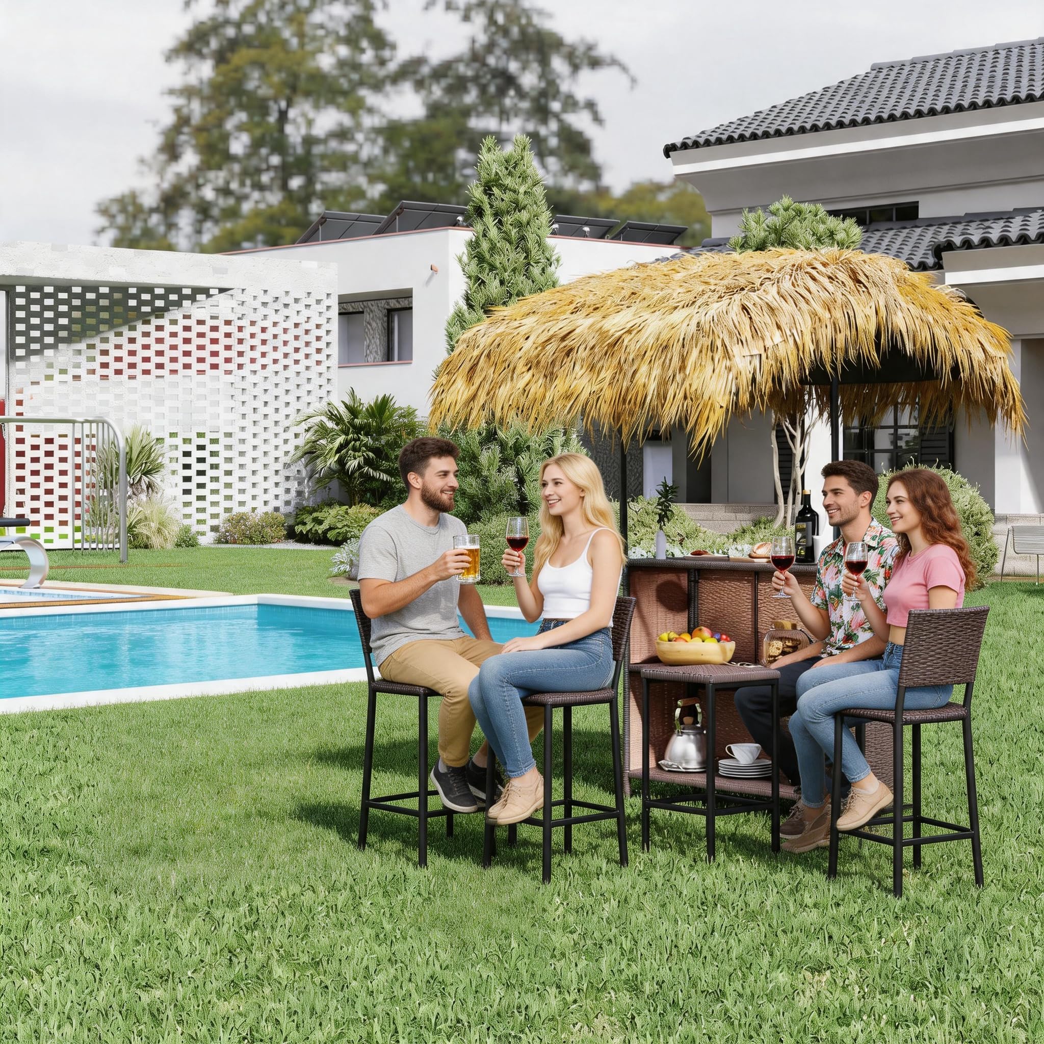 LYNSLIM Outdoor Tiki Bar Set, Phuket Outdoor Patio Wicker Islander, 43" W Tempered Glass Top, Outside Patio Bar with Adjustable Double-Layer Soft-Top Sunshade & Grill Gazebo Shelter