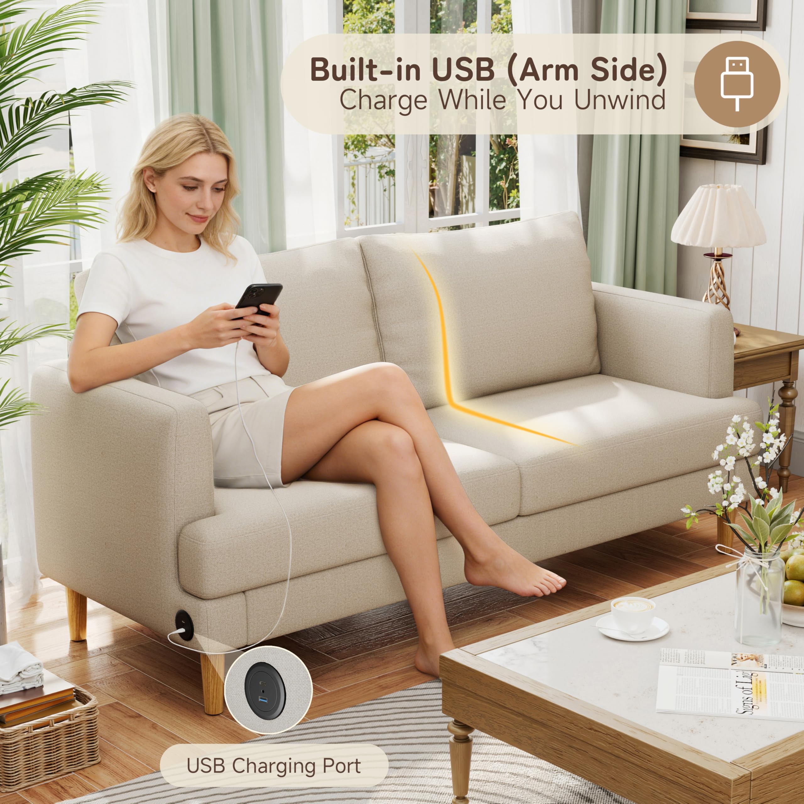 70" Deep Seat Loveseat Sofa with USB-C Ports