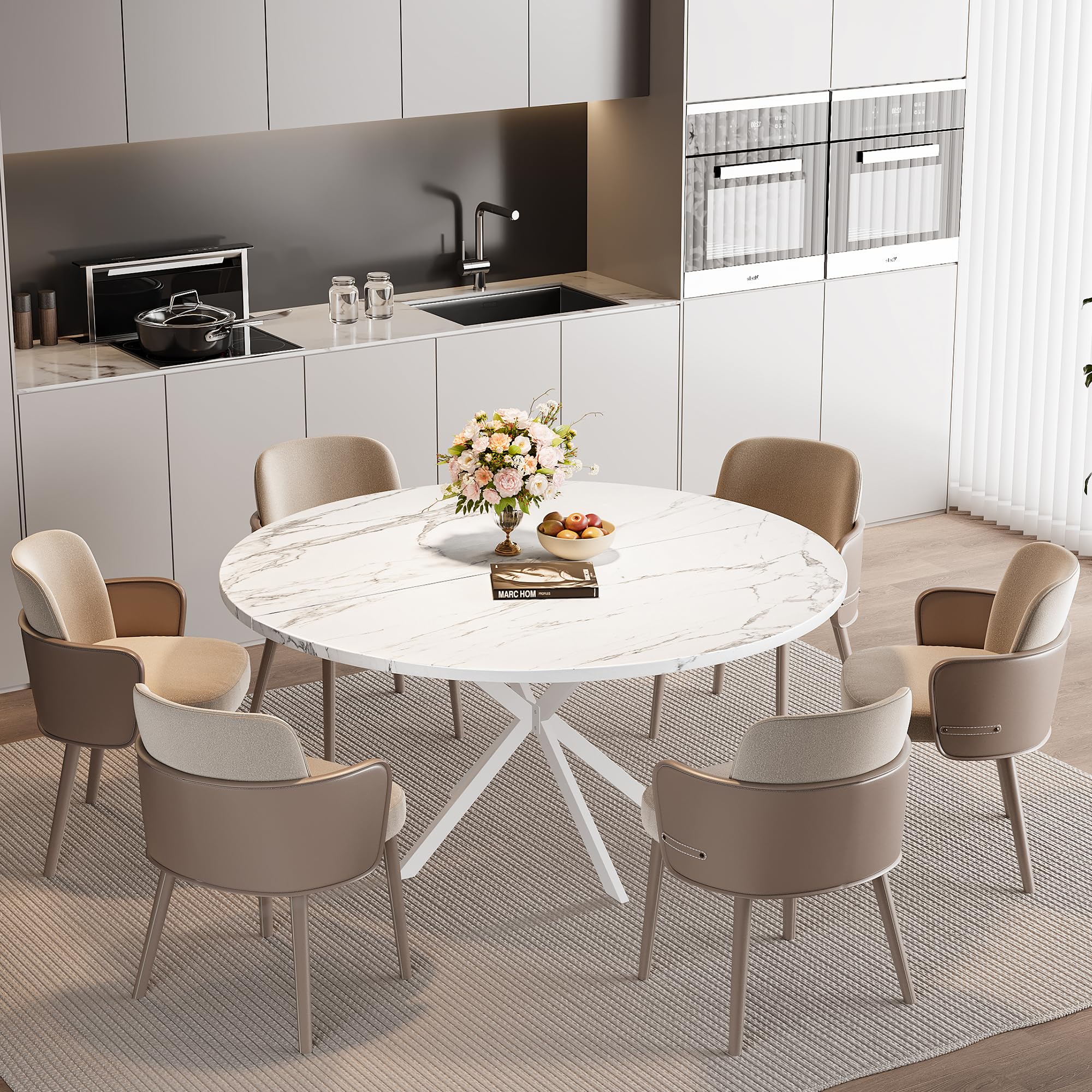 RLRO 47.24" Round Dining Table for 4-6 Person, Round Kitchen Table with Wood Top, Circle Dinner Pedestal Tables with Metal Legs for Dining Room Kitchen (White Marble)