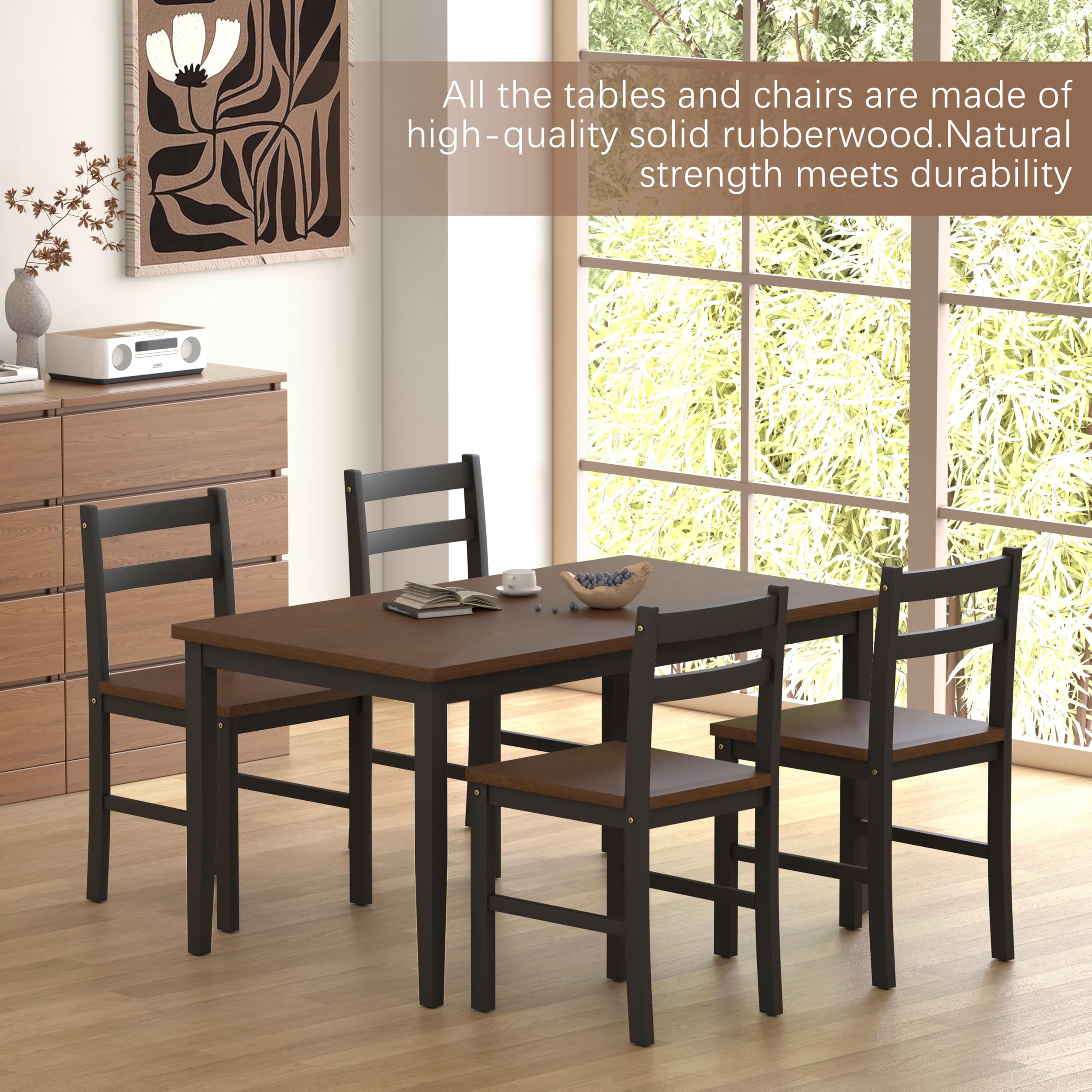 5-Piece Solid Wood Dining Table Set with 4 Chairs