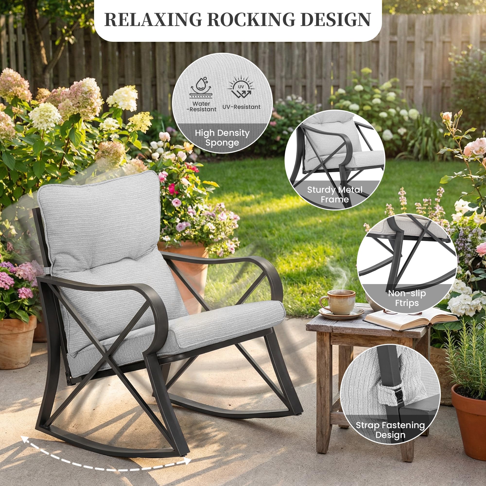 3-Piece Outdoor Rocking Bistro Set with Cushions & Glass-Top Table
