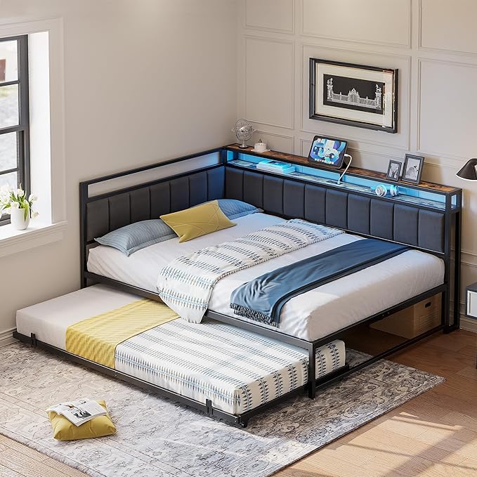 Twin Trundle Daybed with LED Lights & Charging Headboard