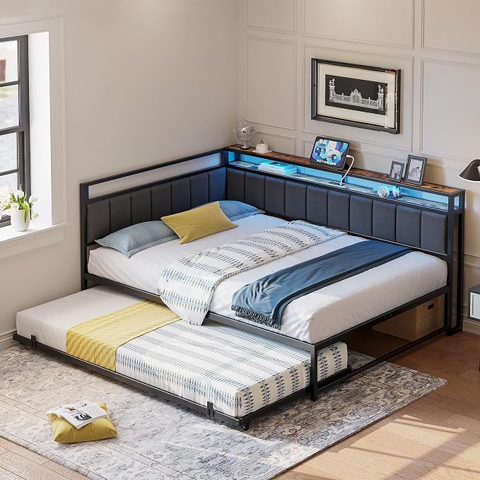 Upholstered Daybed with Trundle & LED Lights