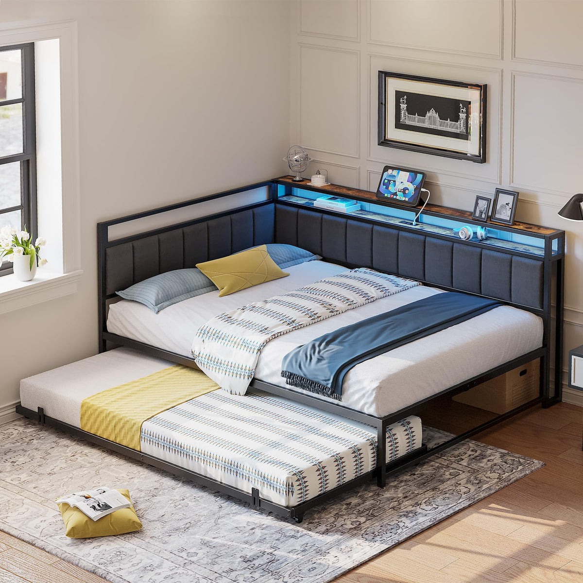 LIKIMIO Full Daybed with Trundle, Charging Station & LED, Black