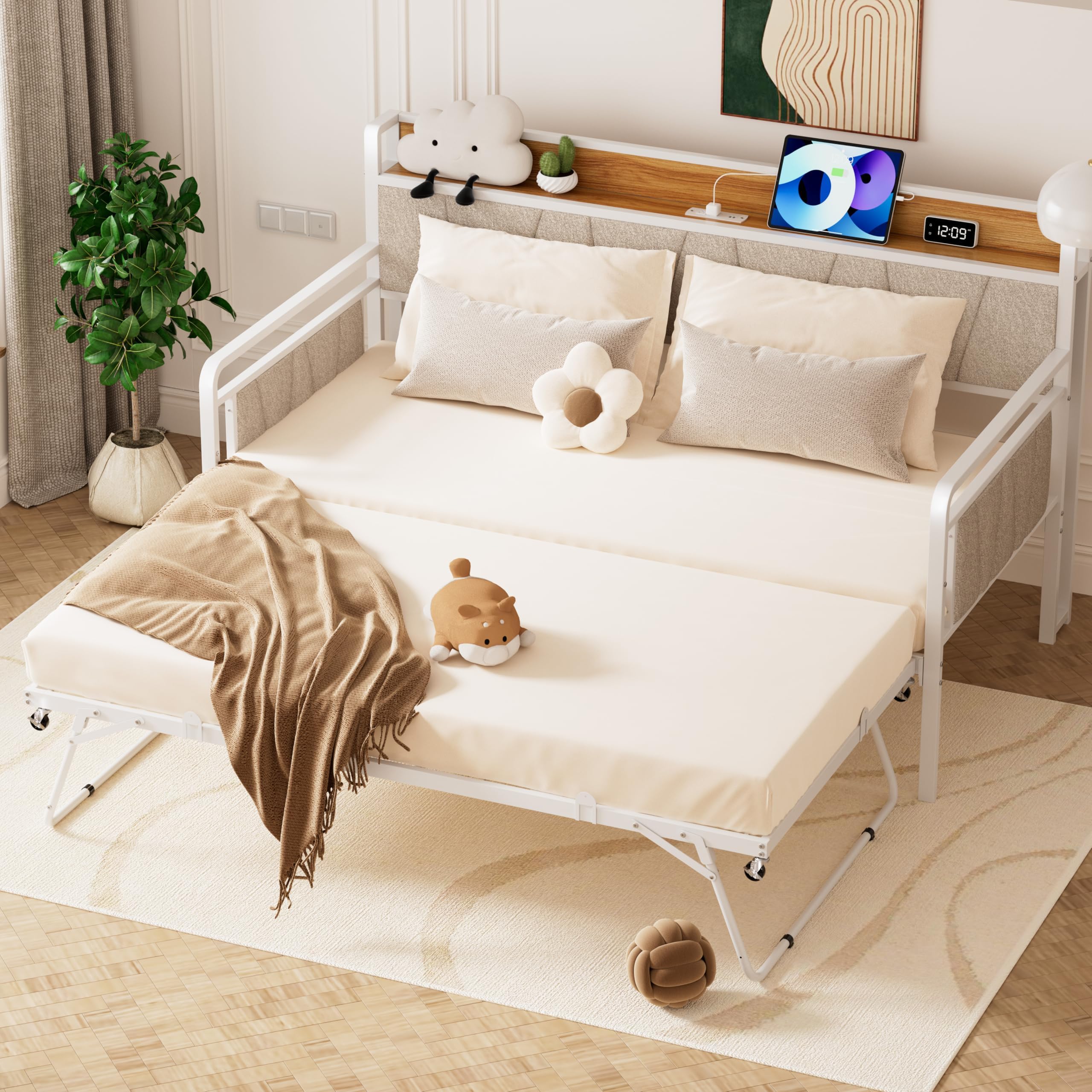 knocetx Twin Daybed with Trundle, Modern Twin Size Sofa Day Bed, Sturdy Metal Bed Frame with Upholstered Headboard for Living Room, Bedroom, Studio Apartment (White)
