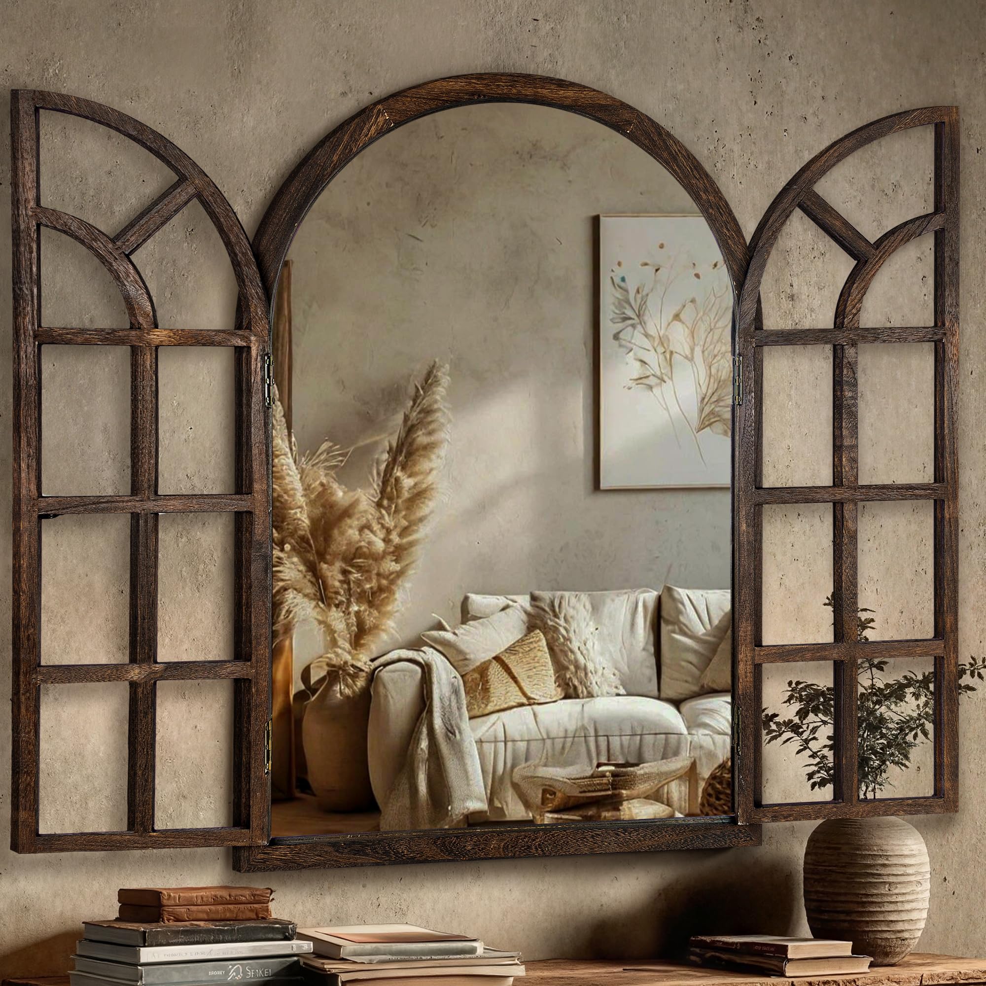 Arched Farmhouse Wall Mirror with Wood Frame