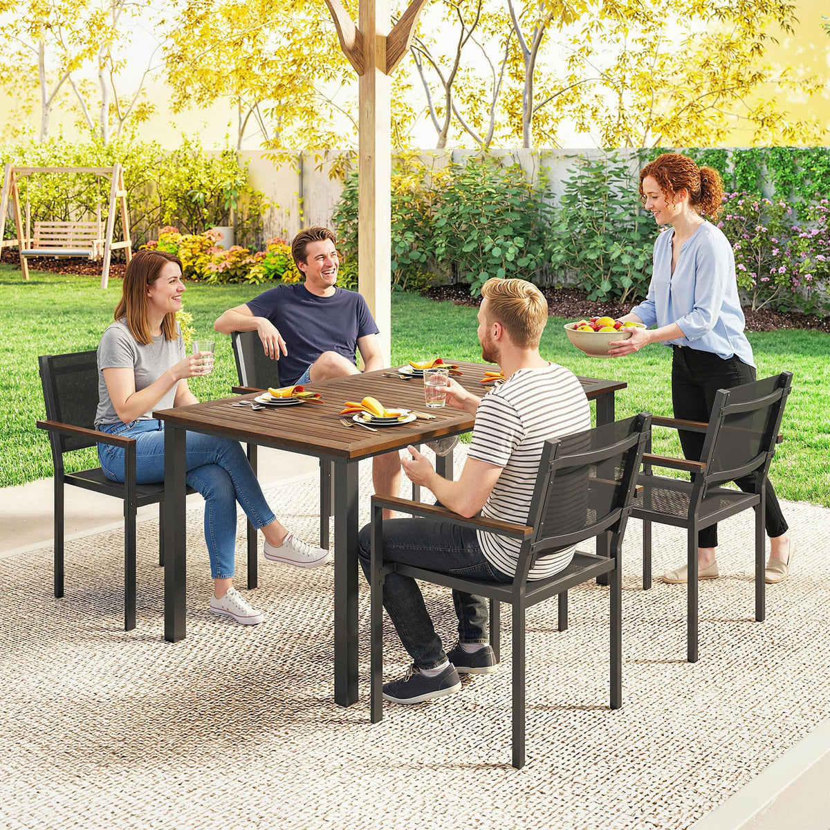 Outsunny 5 Piece Outdoor Dining Set for 4, 59" Rectangular Top, Teak