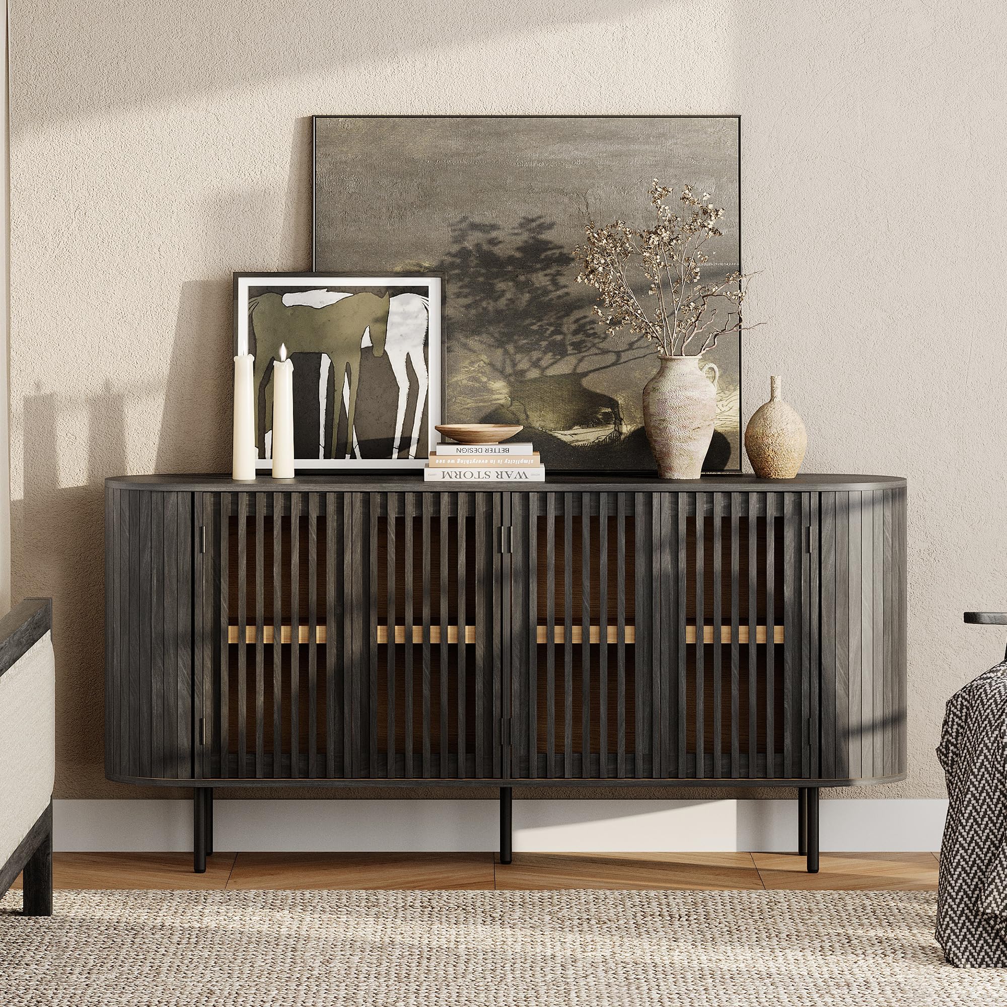 Fluted Sideboard Buffet Cabinet with 4 Doors