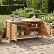 Giantex Acacia Wood Outdoor Cabinet, Storage Cabinet w/Faux Marble Top, Rattan Doors, Interior Shelves & Compartment, Buffet Cabinet, Functional Potting Table for Garden, Patio, Backyard