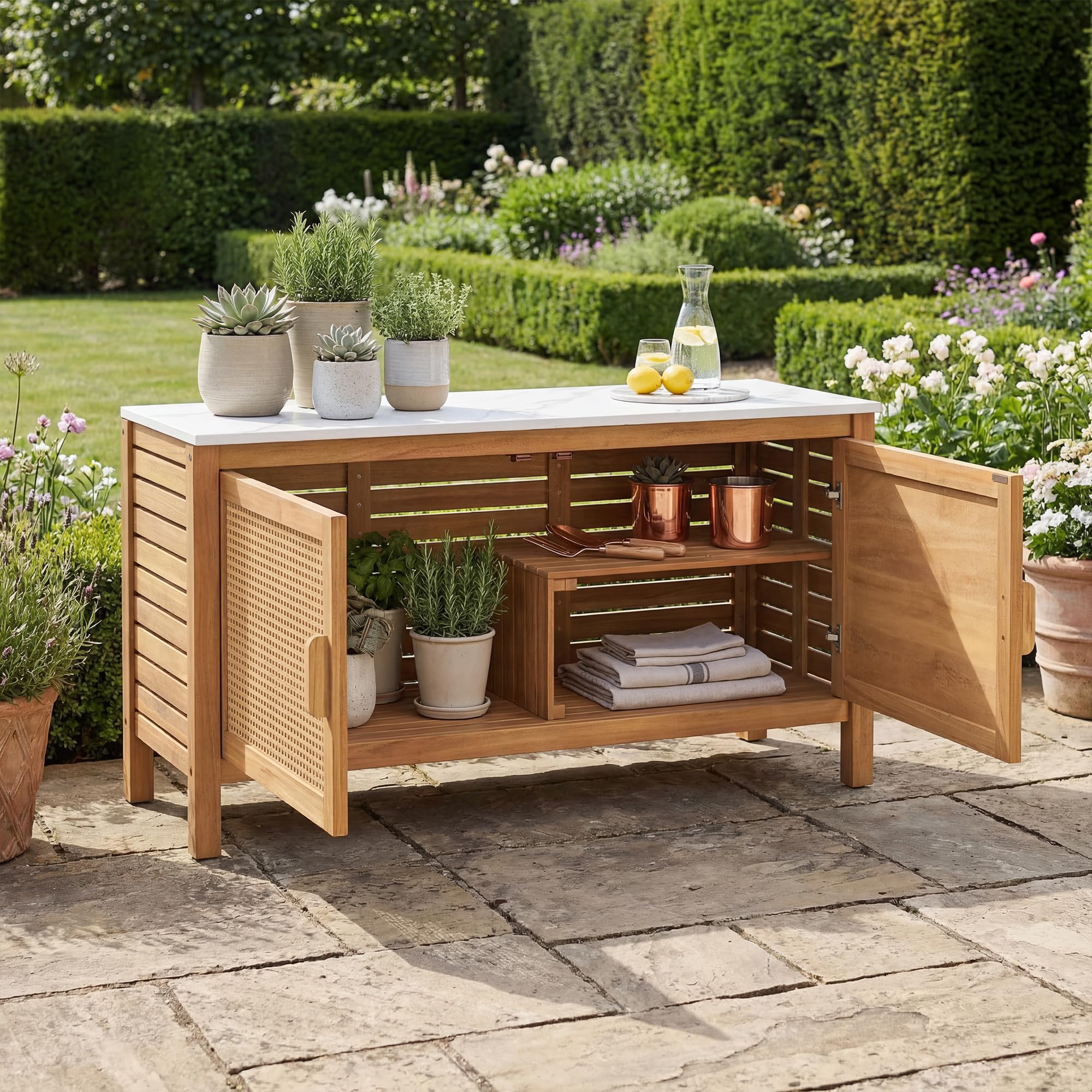Giantex Acacia Wood Outdoor Cabinet, Storage Cabinet w/Faux Marble Top, Rattan Doors, Interior Shelves & Compartment, Buffet Cabinet, Functional Potting Table for Garden, Patio, Backyard