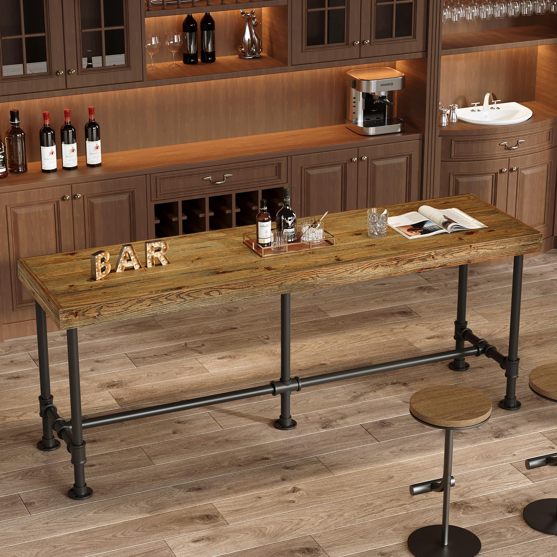 TRIBEWOOD 70.9-Inch Long Solid Wood Bar Table for 6-8 People, Industrial Narrow Counter Height Pub Table with Metal Footrest, Rectangular High Top Bar Unit for Kitchen Dining, Rustic Brown(Table Only)