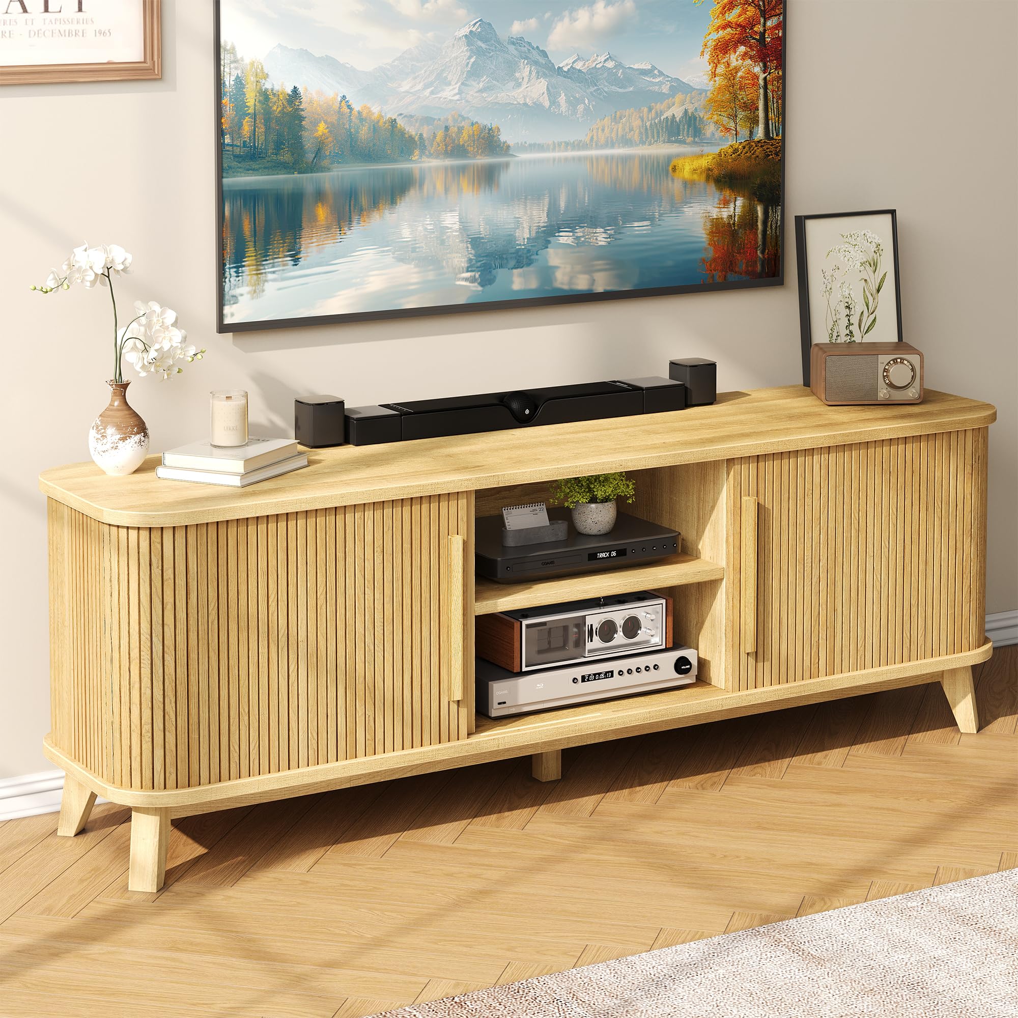 66" Mid-Century Modern TV Stand with Sliding Doors