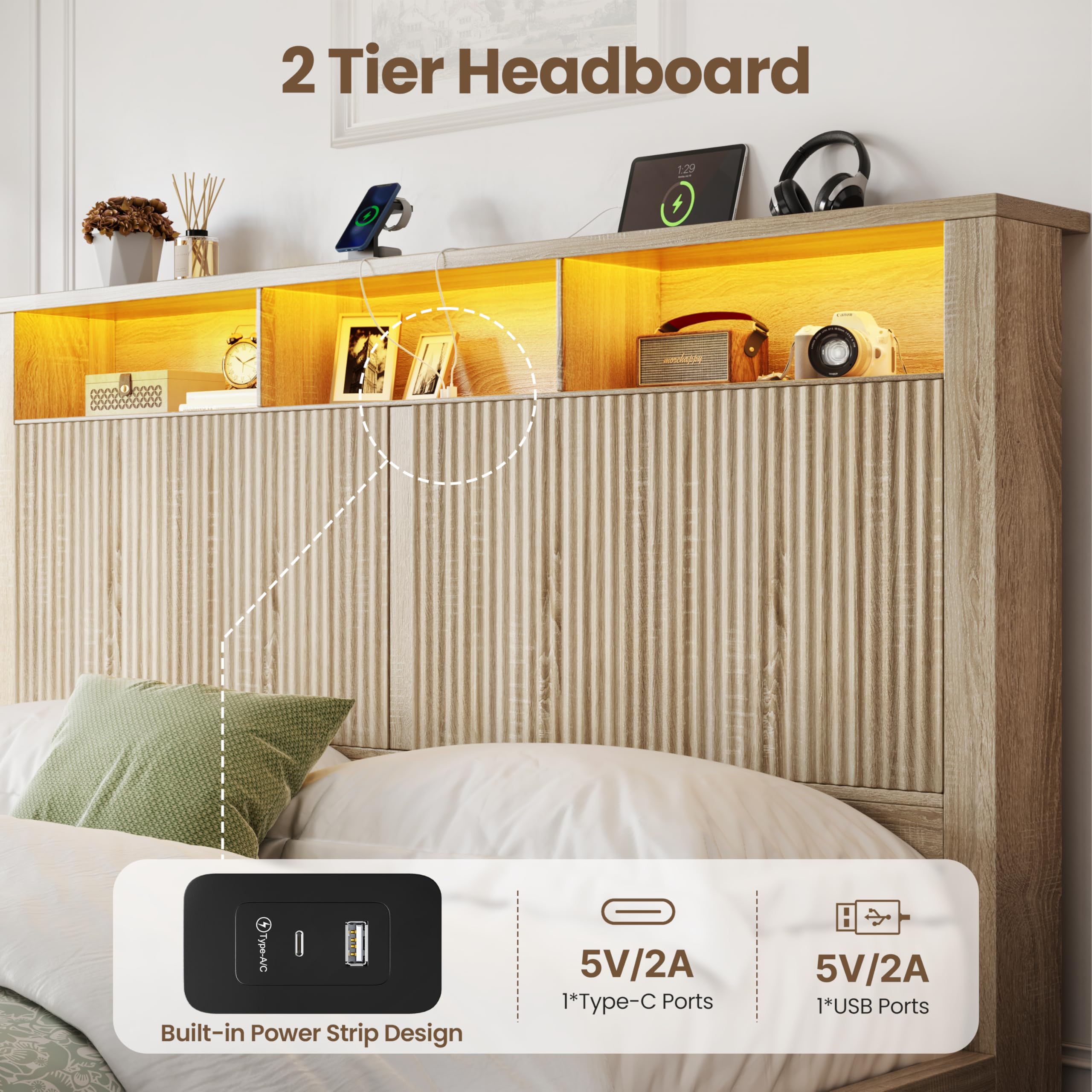 King Size Bed Frame with Storage Drawers, LED Lights & Charging Port