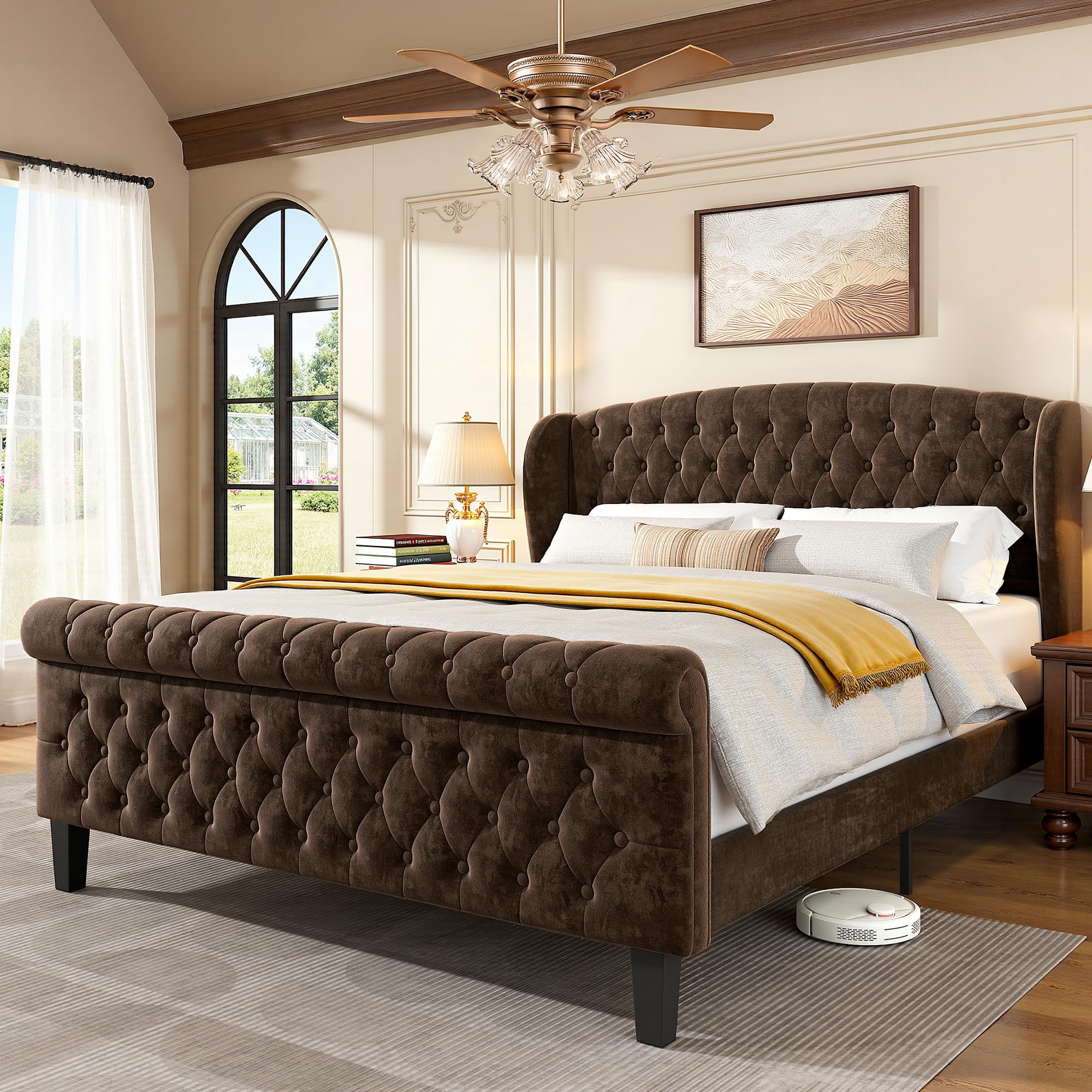 Sleigh Queen Bed Frame with Wingback Headboard