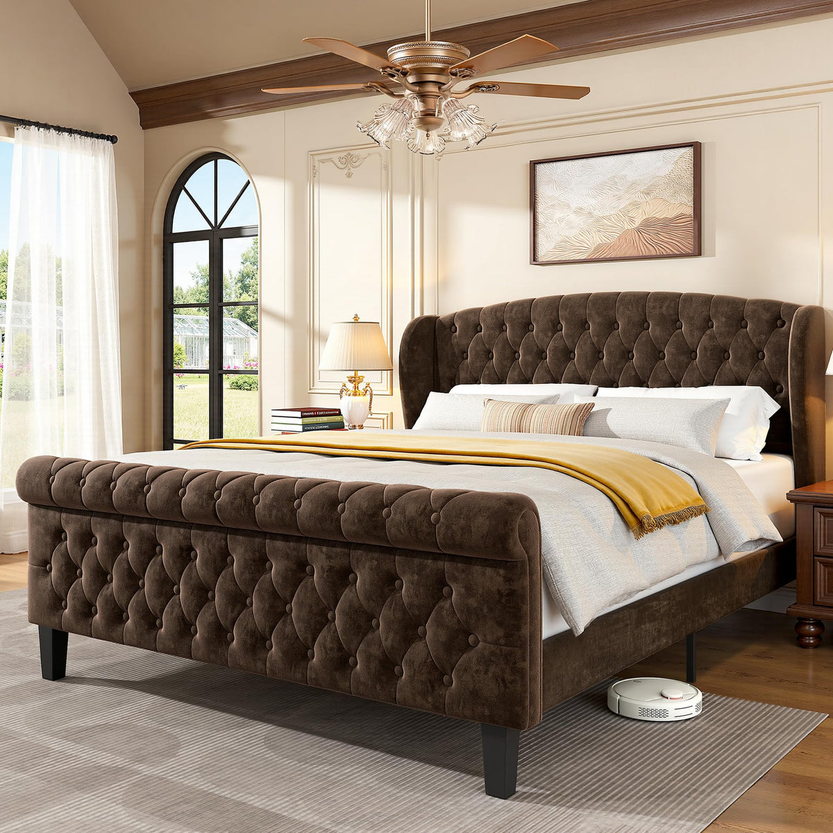 BedsPick Sleigh Queen Bed Frame with 42" Wingback Headboard, Upholstered Queen Size Bed Frame with Button Tufted Scroll Footboard, Wood Slats Support/No Noise/Easy Assembly/No Box Spring Needed, Brown