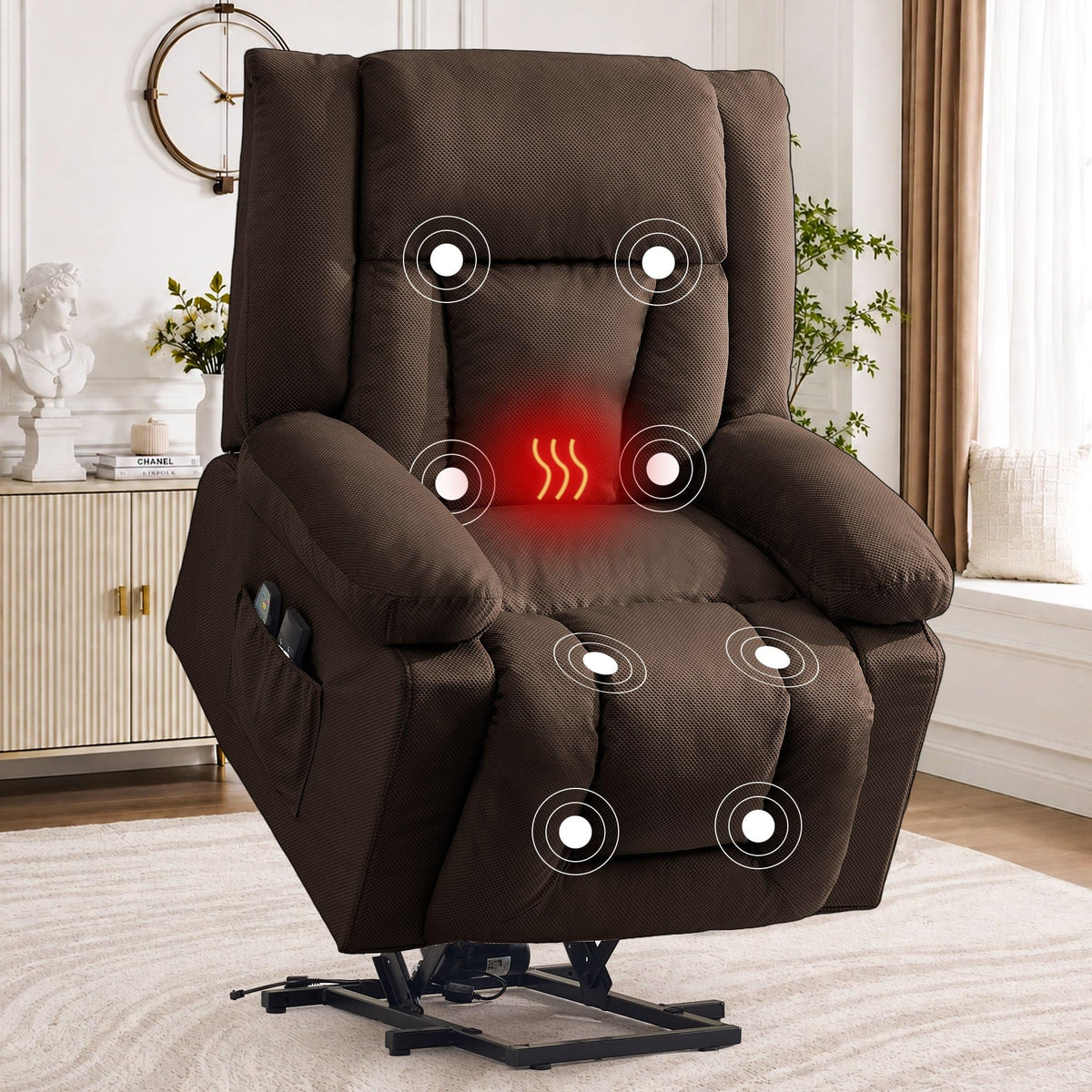 Korser Dual Motor Power Lift Recliner Chair for Elderly with Massage and Heat, Oversized Electric Recliner with Side Pockets, Living Room, Waffle, Brown