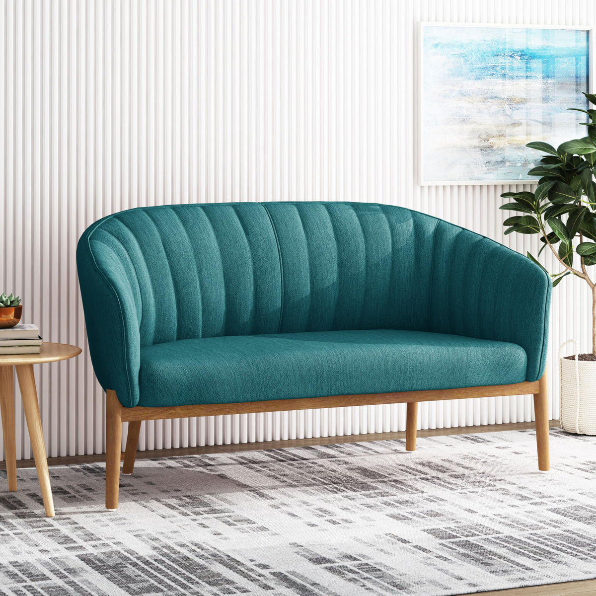 Teal Channel-Stitched Loveseat