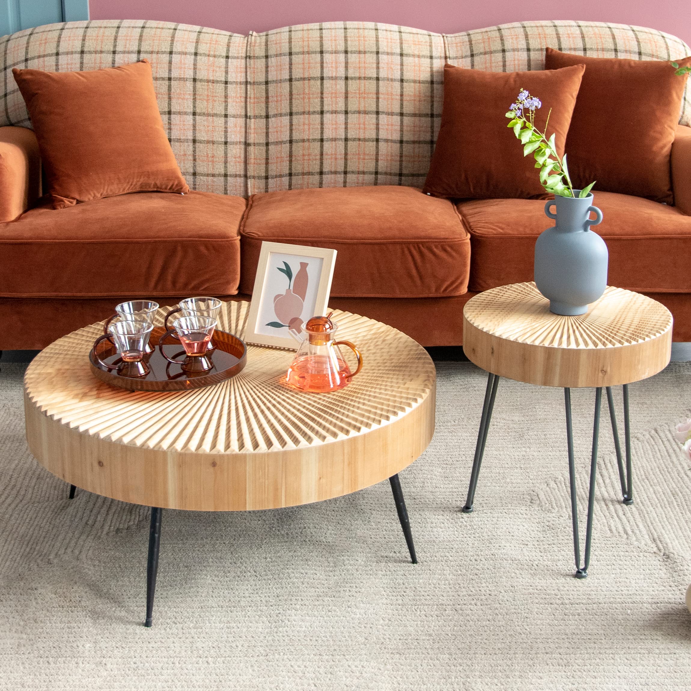 Round Farmhouse Nesting Coffee Table Set – 2-Piece, Wood Radial Pattern