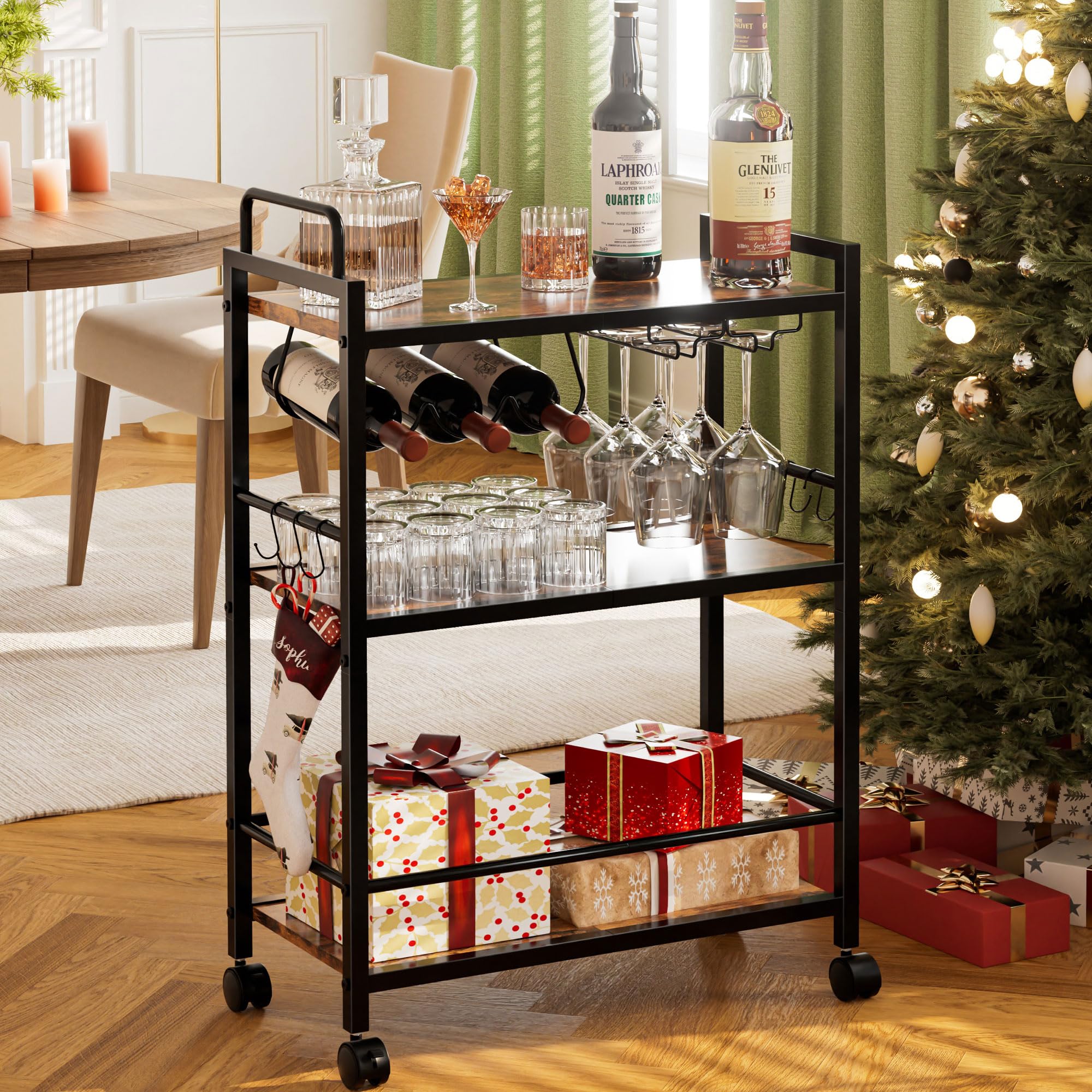 3-Tier Rolling Bar Cart with Wine Rack & Glass Holder
