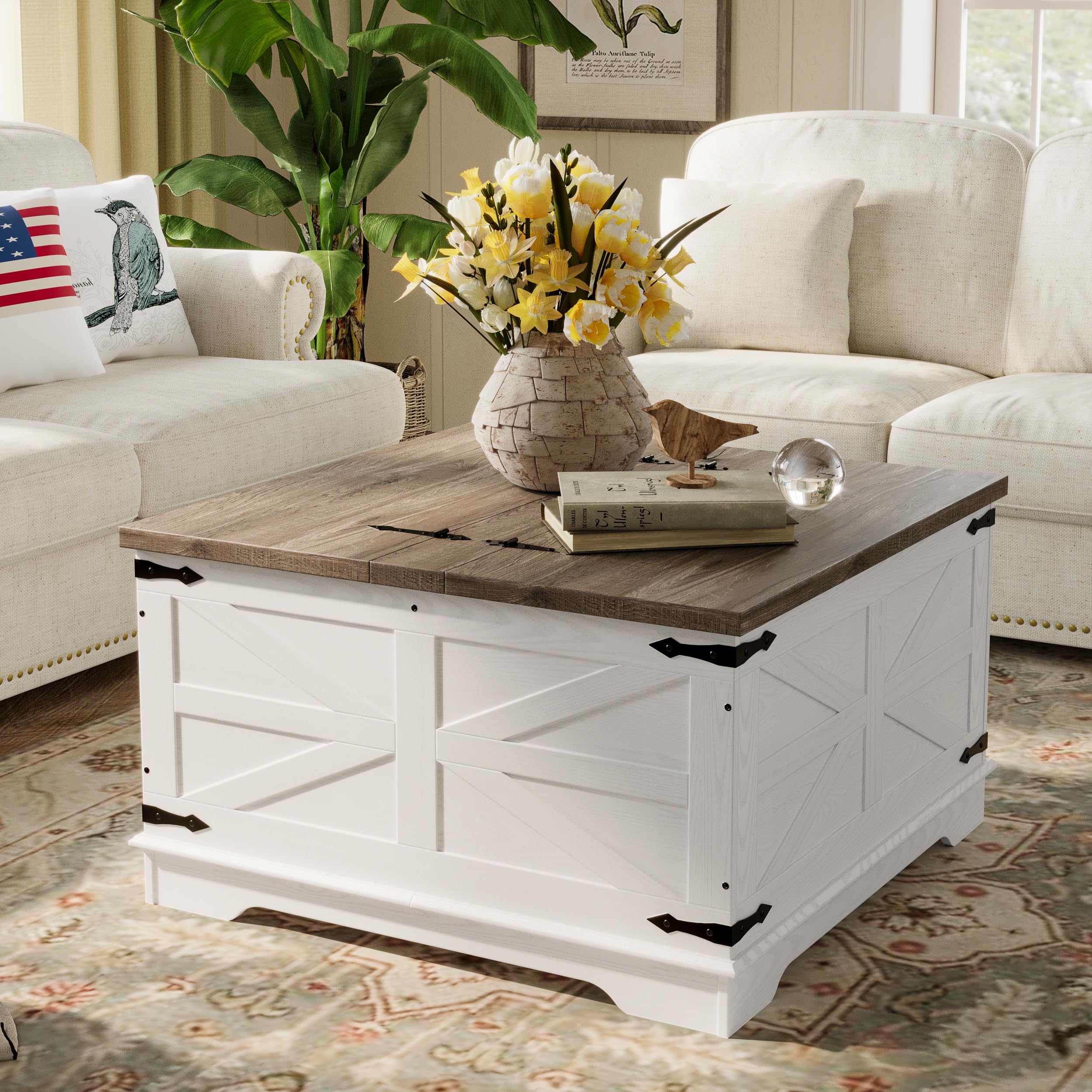 Farmhouse Square Coffee Table with Hidden Storage
