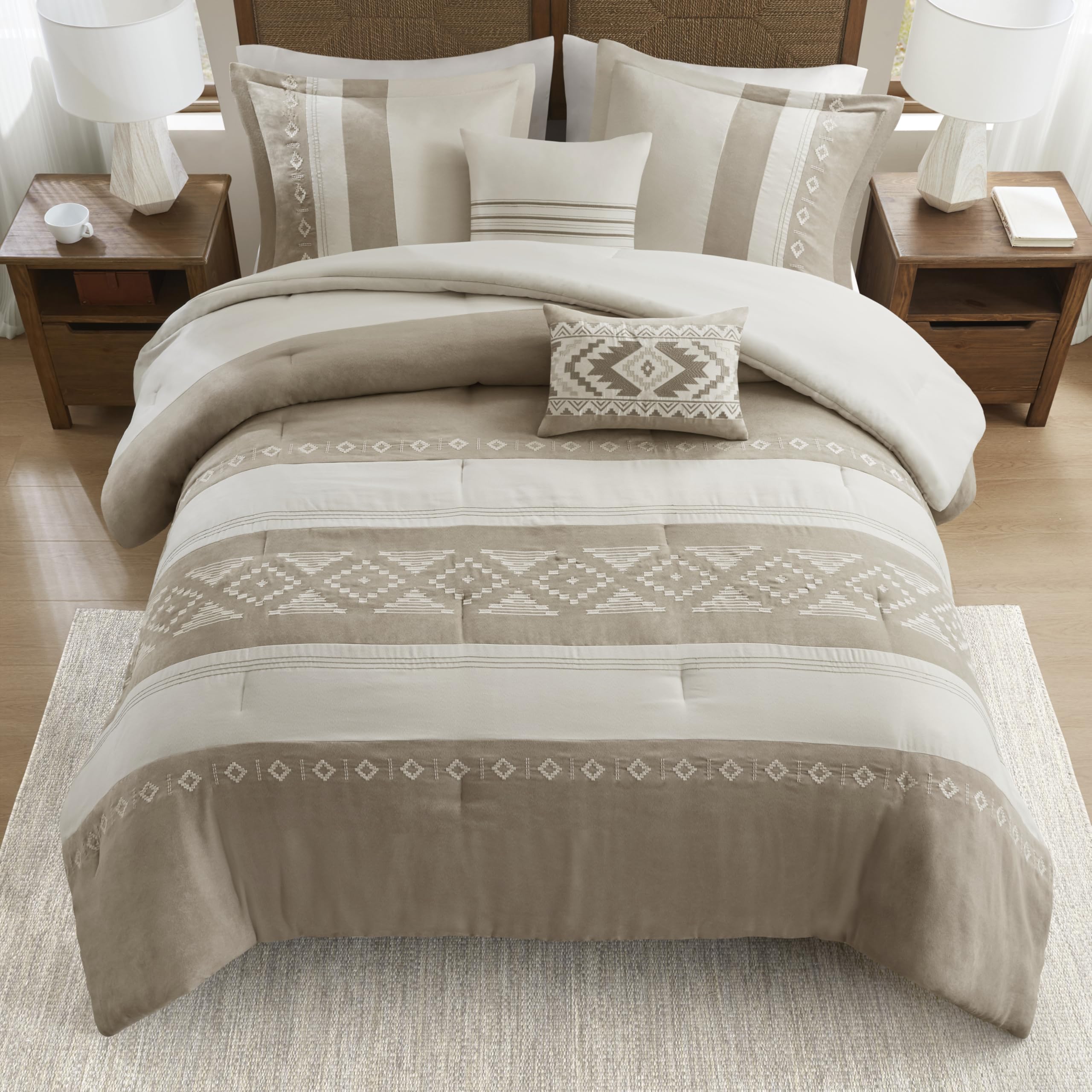 King Comforter Set – 5-Piece Microsuede Embroidered Bedding with Decorative Pillows, Taupe