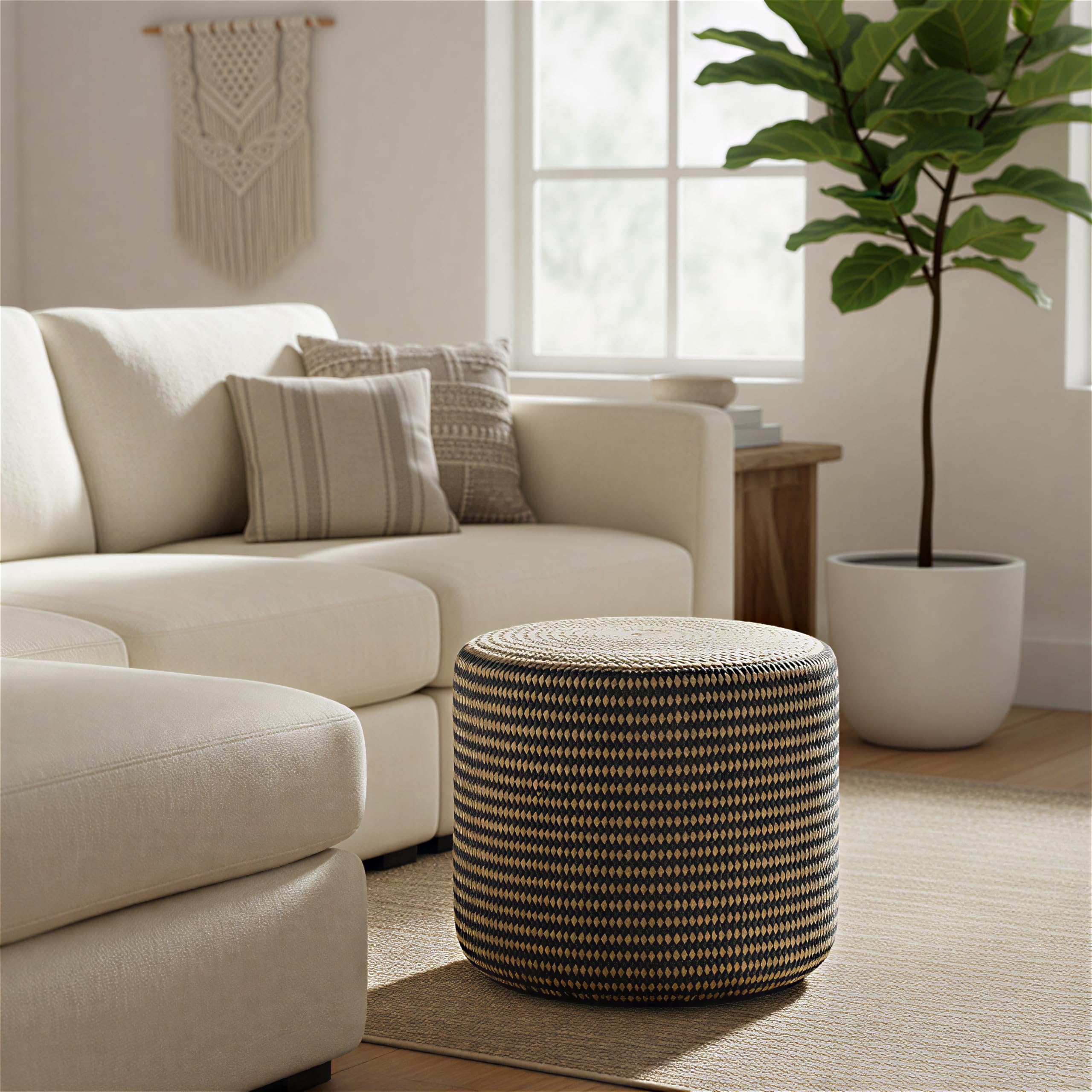 Round Braided Jute Pouf Ottoman, 18" Wide