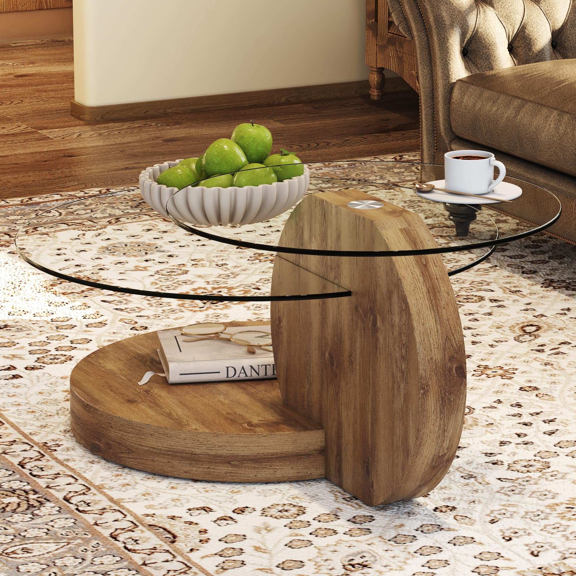 Round Glass Coffee Table with Wood Base & 3-Tier Storage
