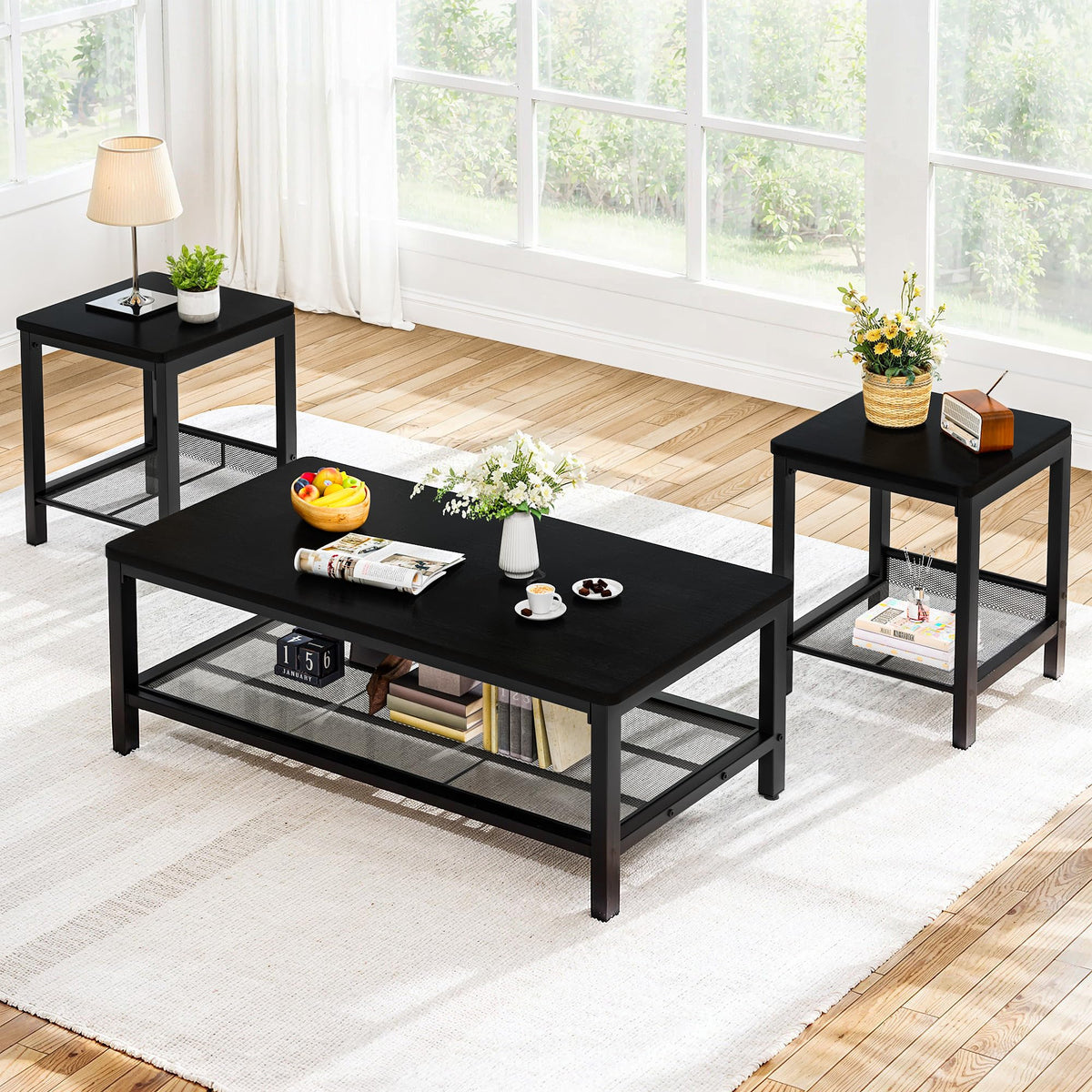 Recaceik 3-Piece Living Room Coffee Table Set, Industrial Coffee Table with 2 Square End Side Tables, Modern Living Room Table Set with Metal Frame for Apartment Home Office (Black)