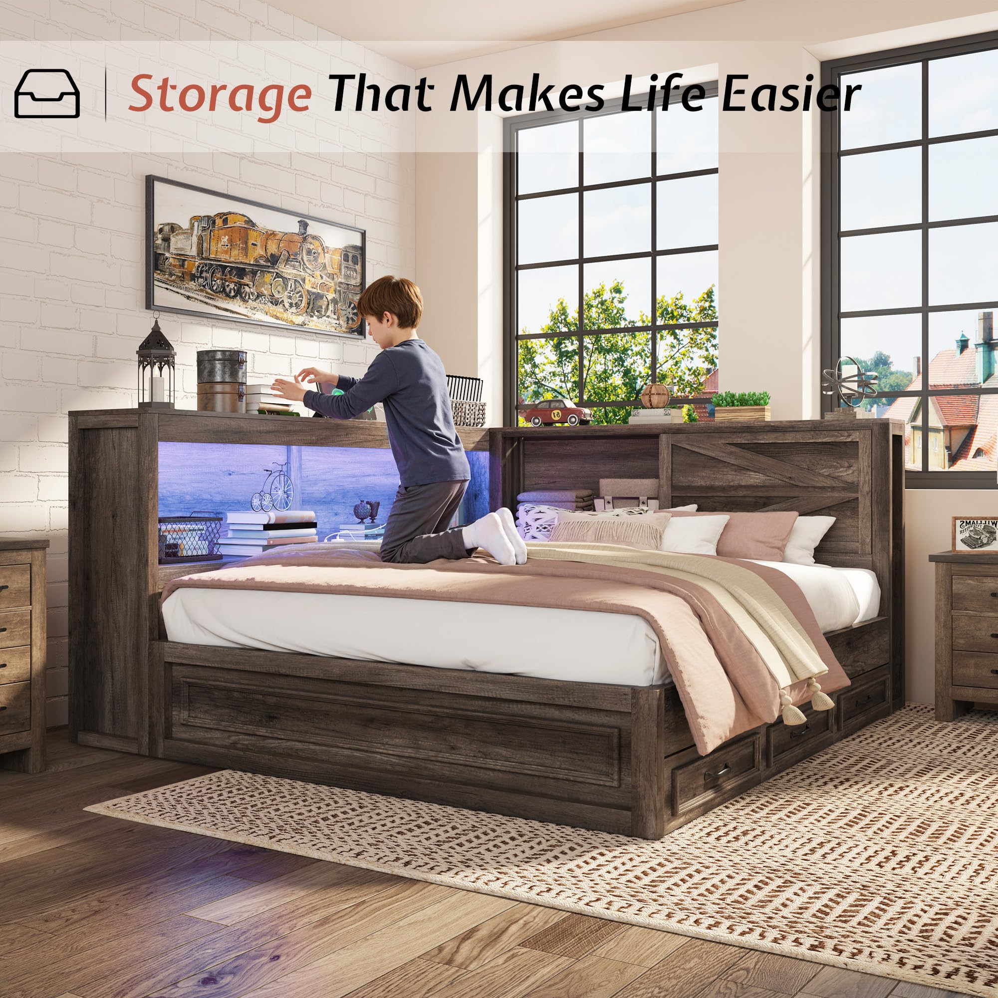 Jocisland Full Corner Bed Frame with Storage Drawers and Bookcase Headboard, Charging Station and Led Lights, Farmhouse Wood Daybed for Kids Teens, No Box Spring Needed, Grey