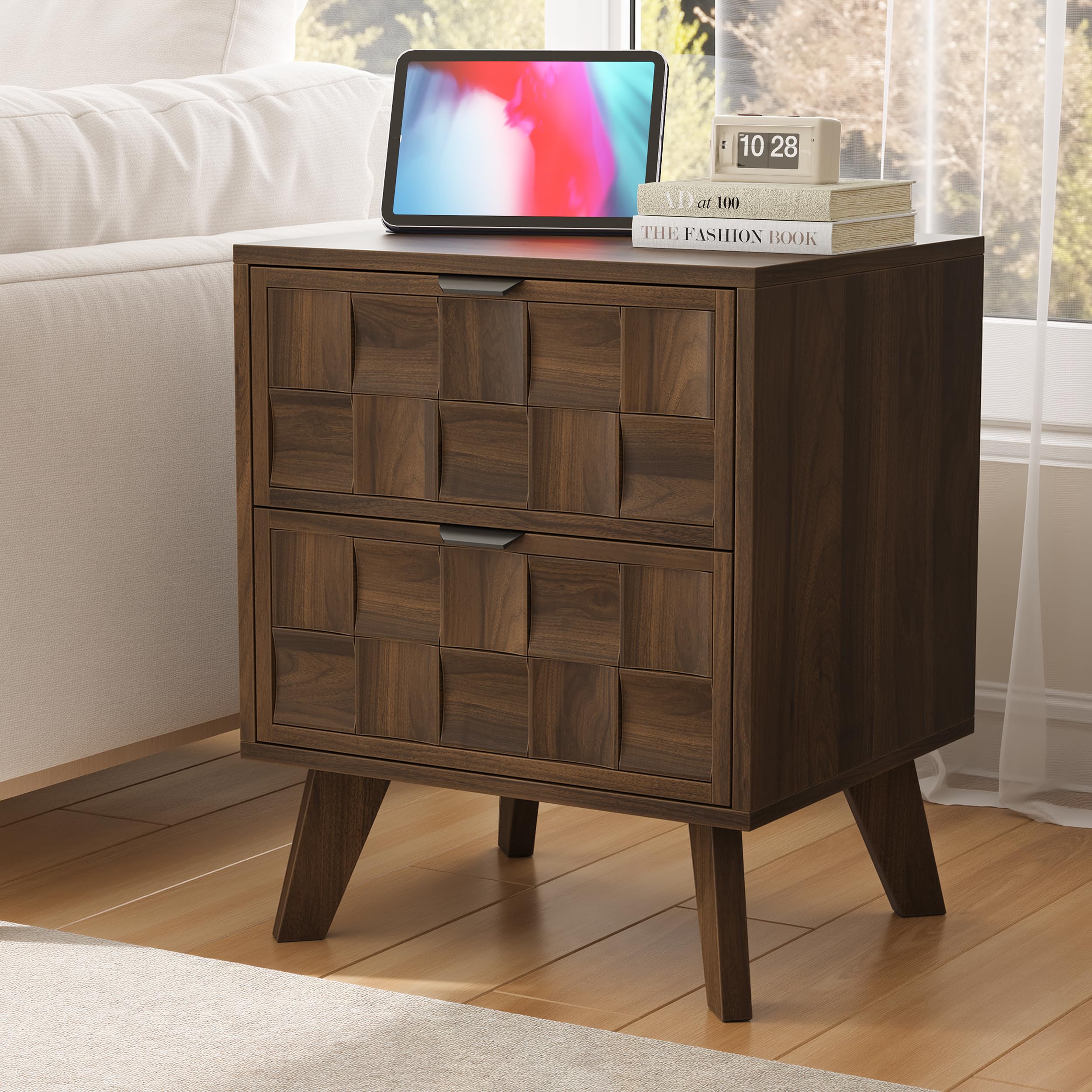 Walnut Nightstand with Embossed Checkerboard Drawers