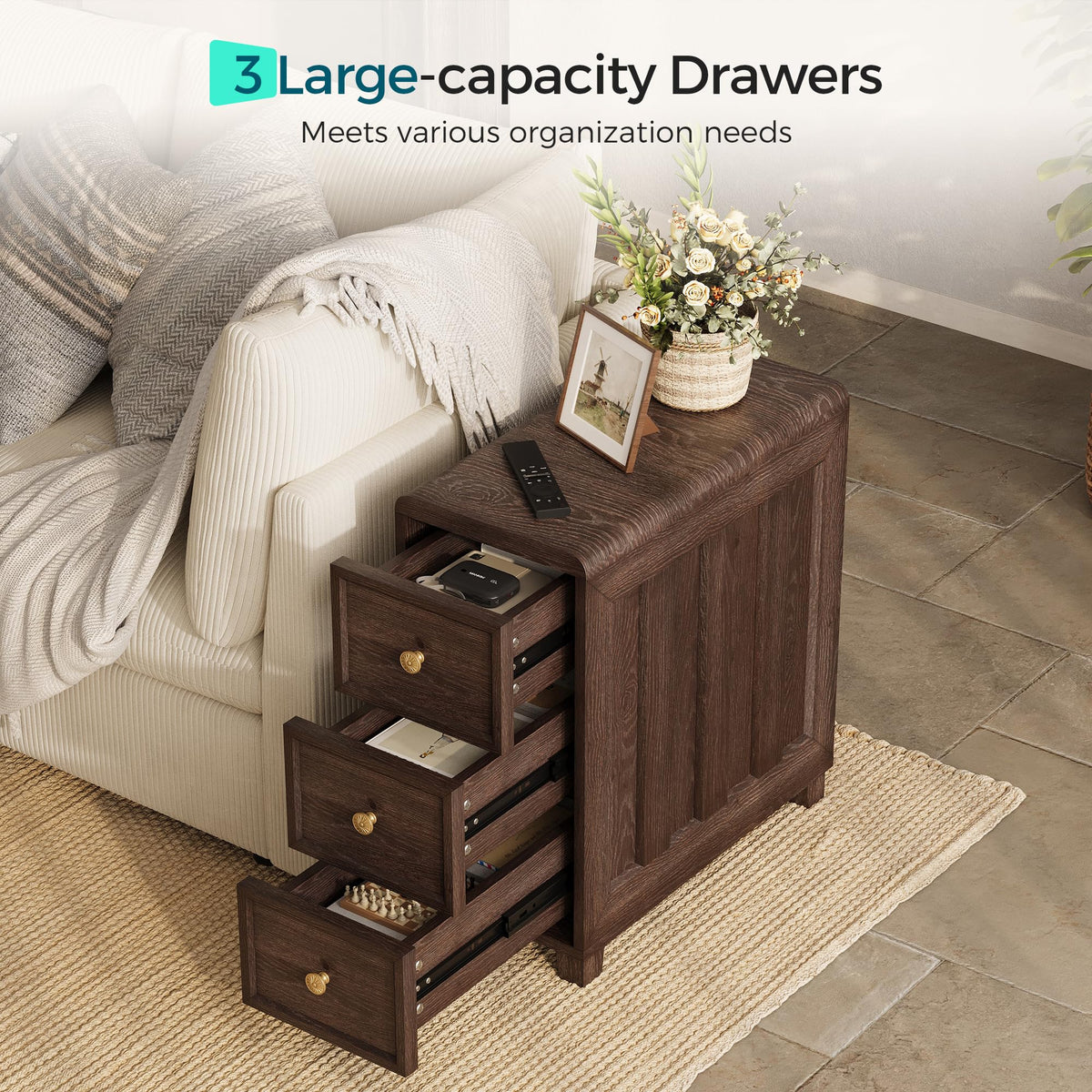 LINSY HOME Solid Wood End Table, 3-Drawer Rustic Nightstand, Dark Brown