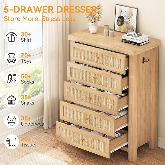 5-Drawer Rattan Boho Dresser