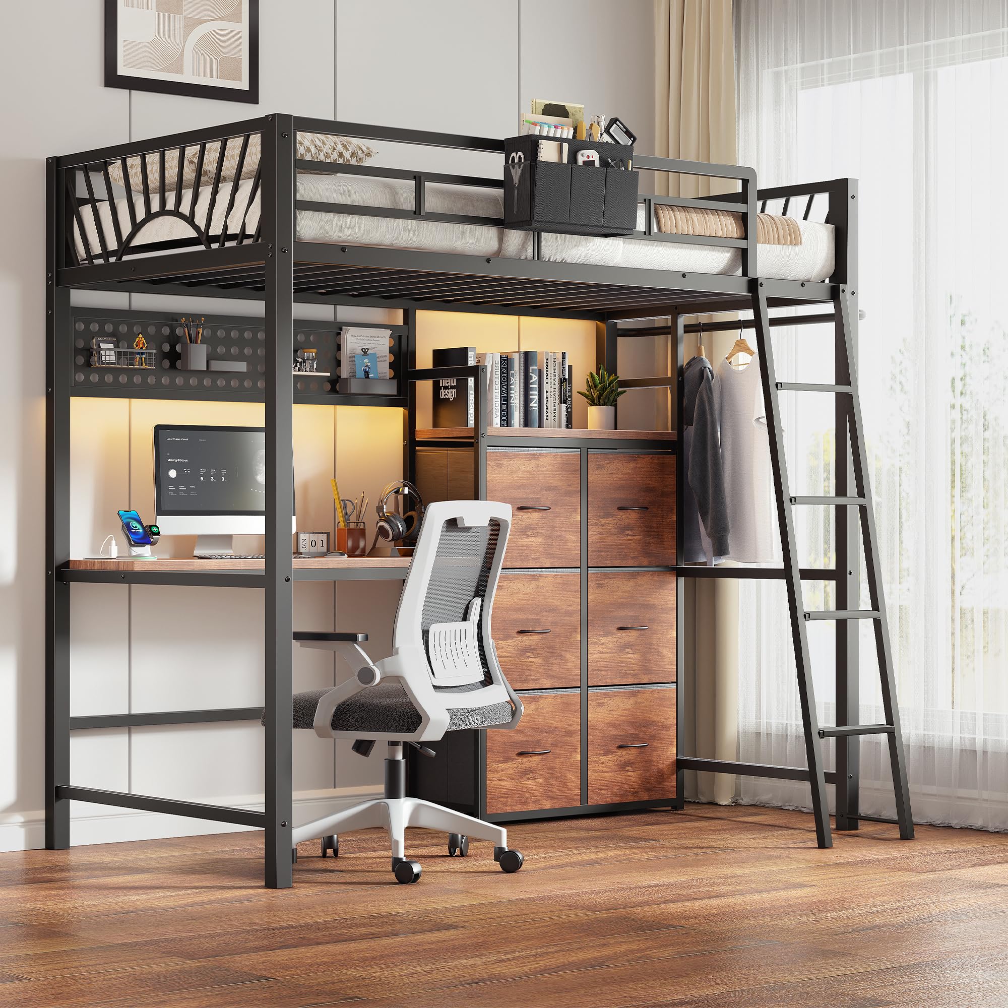 Twin Loft Bed with Desk & 6 Storage Drawers